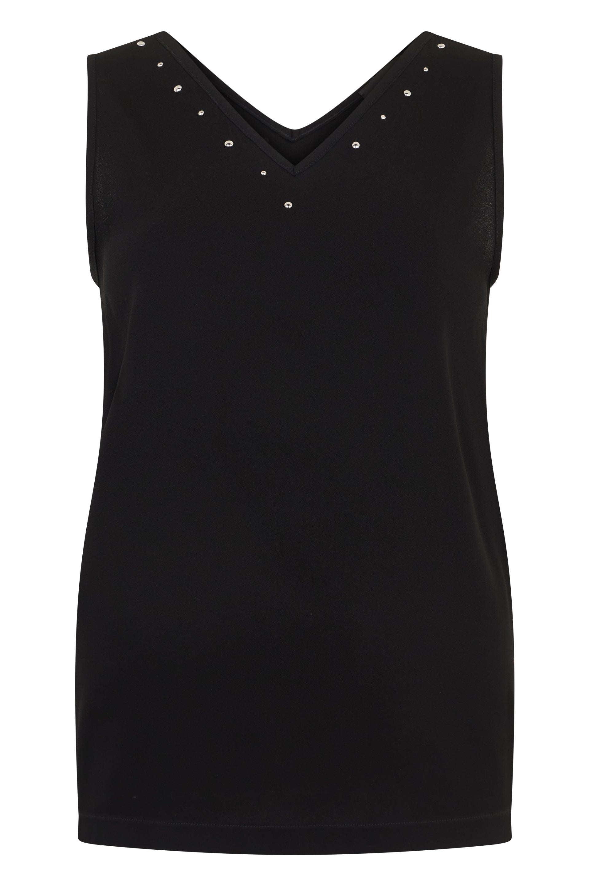 Black top without sleeves with a V-neck and decorative studs.