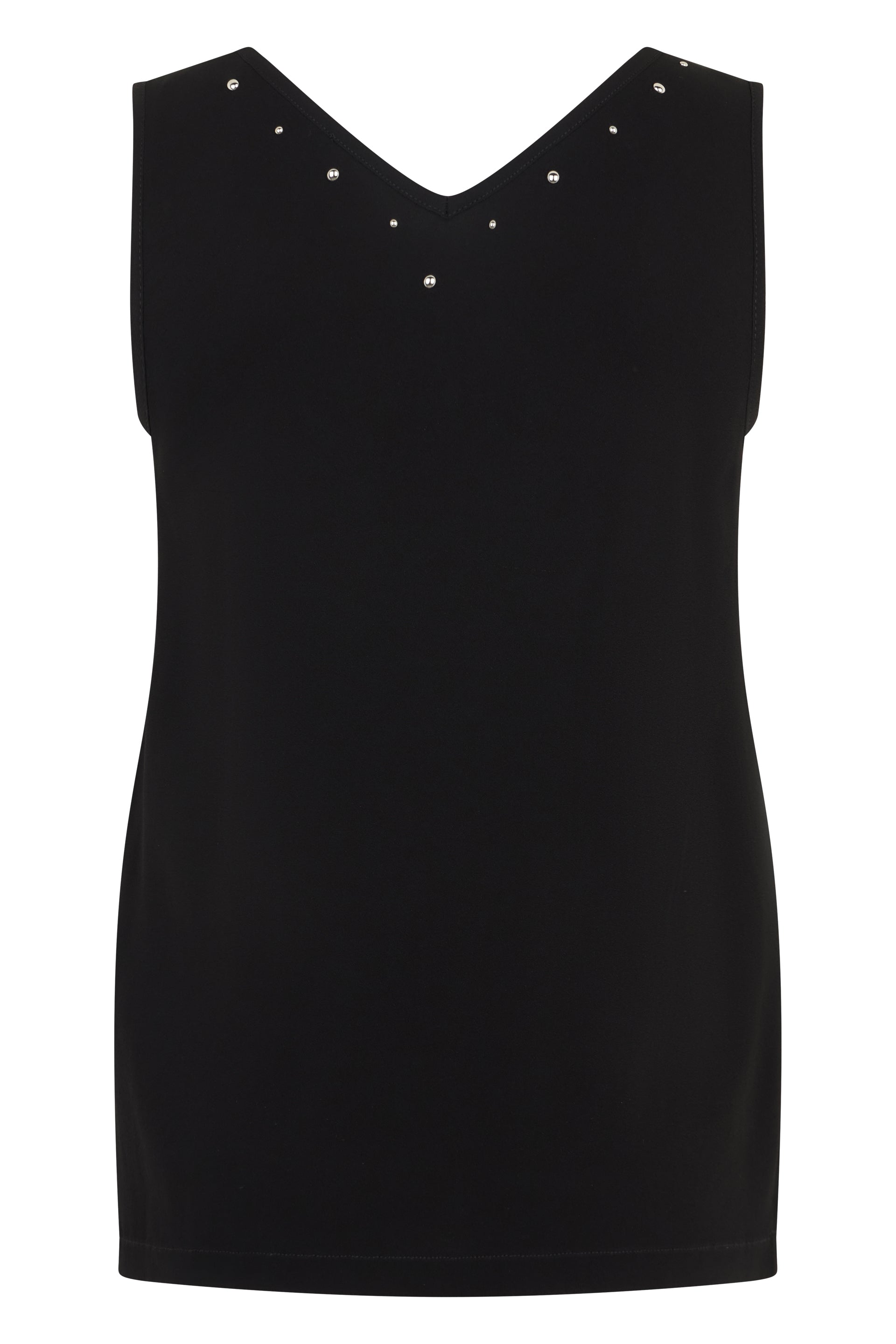 Black top without sleeves with a V-neck and decorative studs.