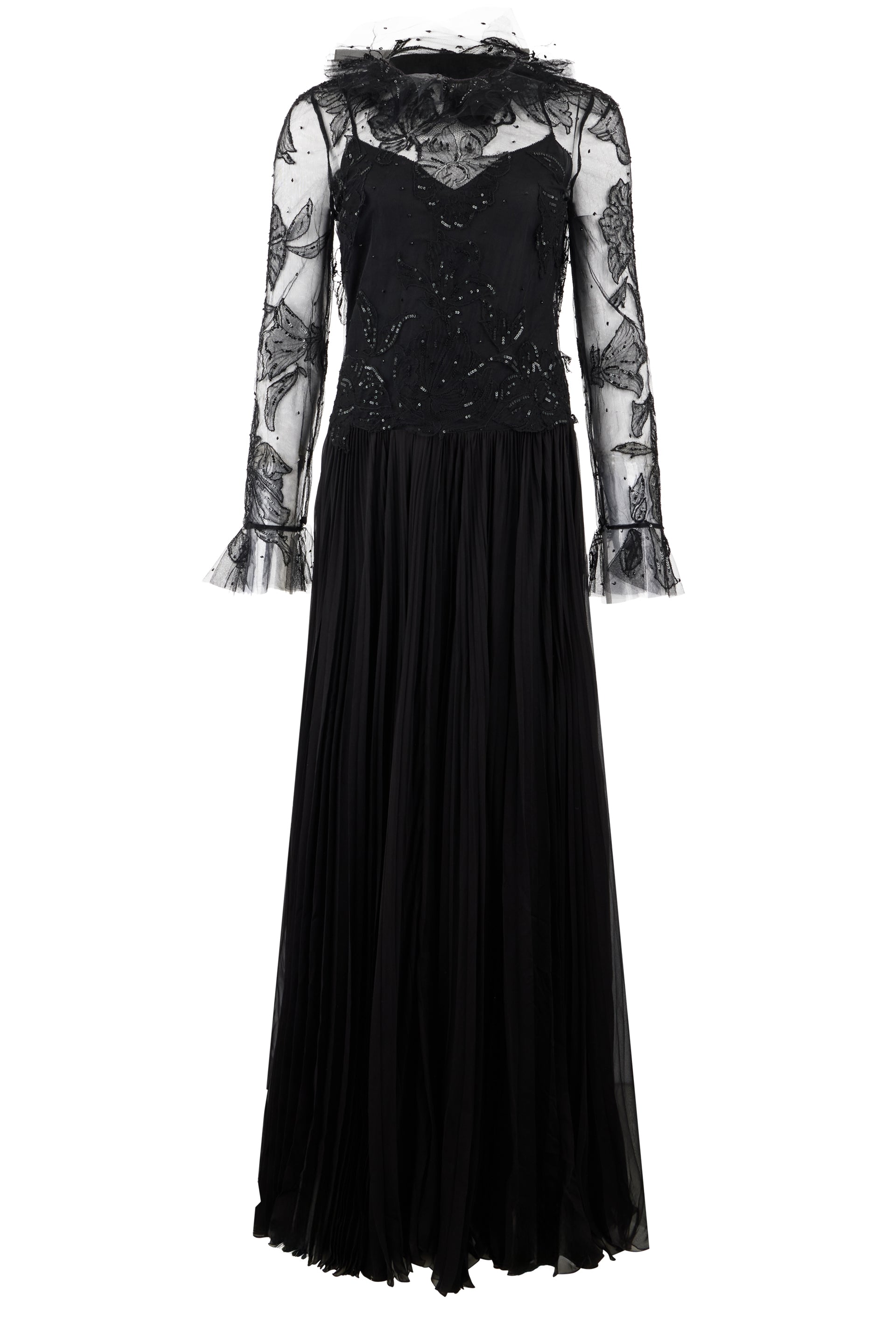 Elegant long dress in black with lace