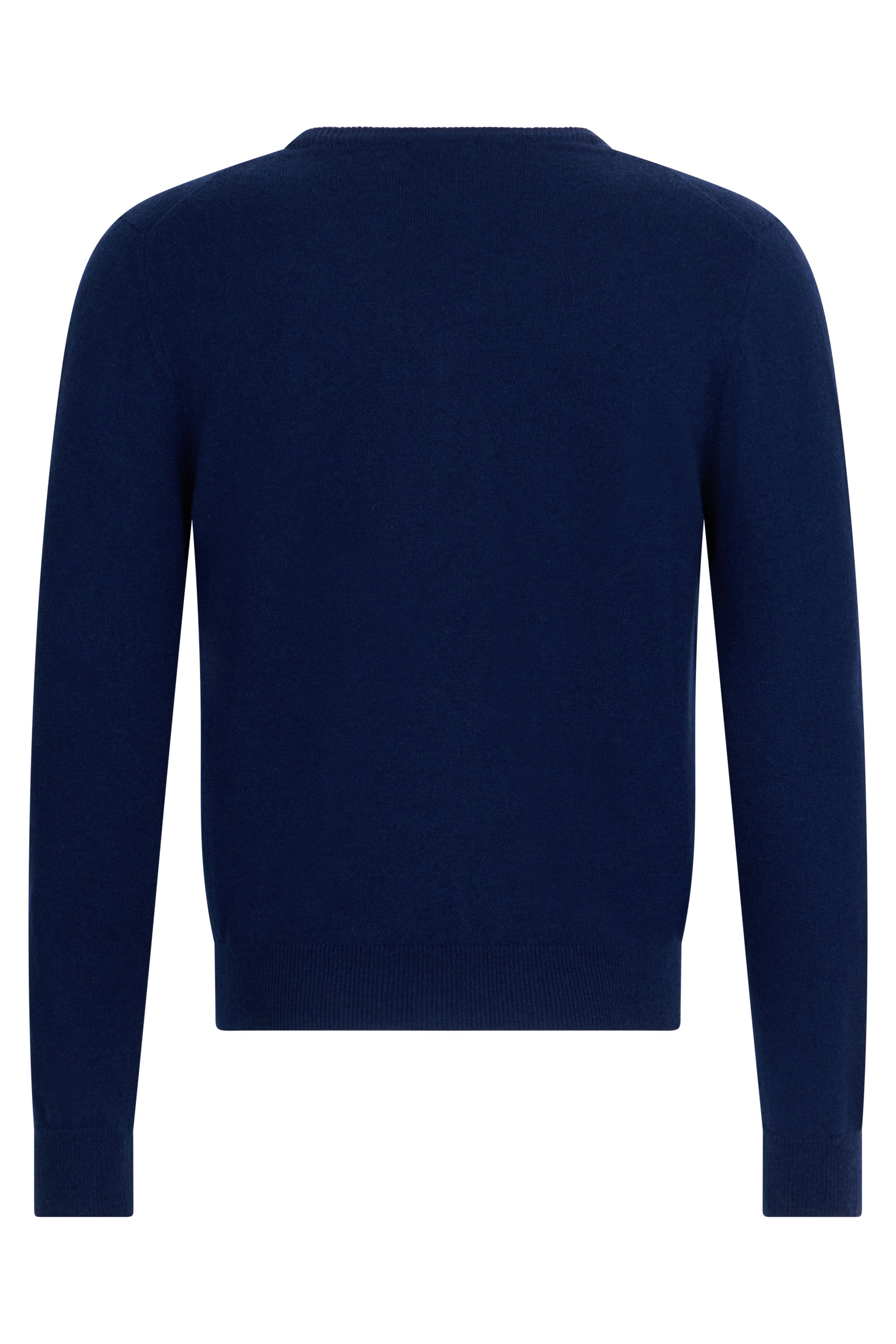 Navy blue sweater with crew neck, elegant and versatile.