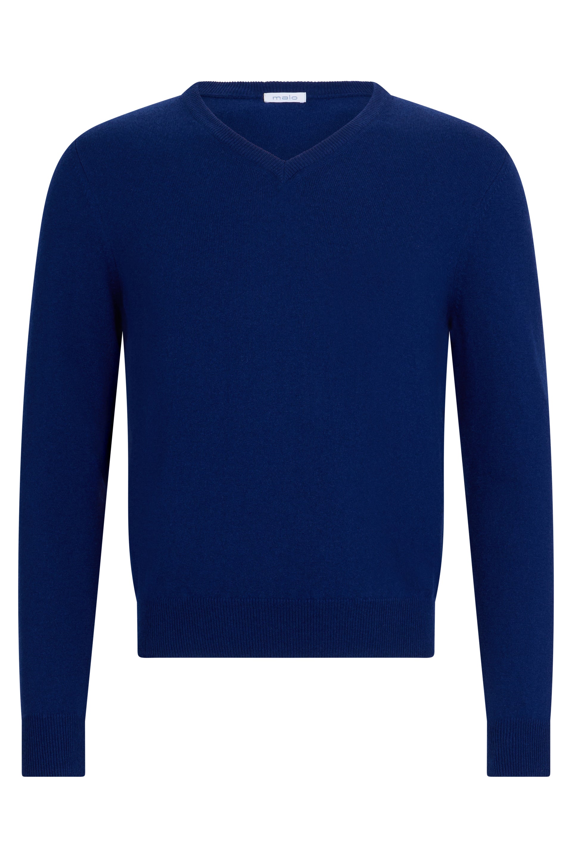 Dark blue sweater with V-neck and long sleeves, ideal for a casual and elegant look.