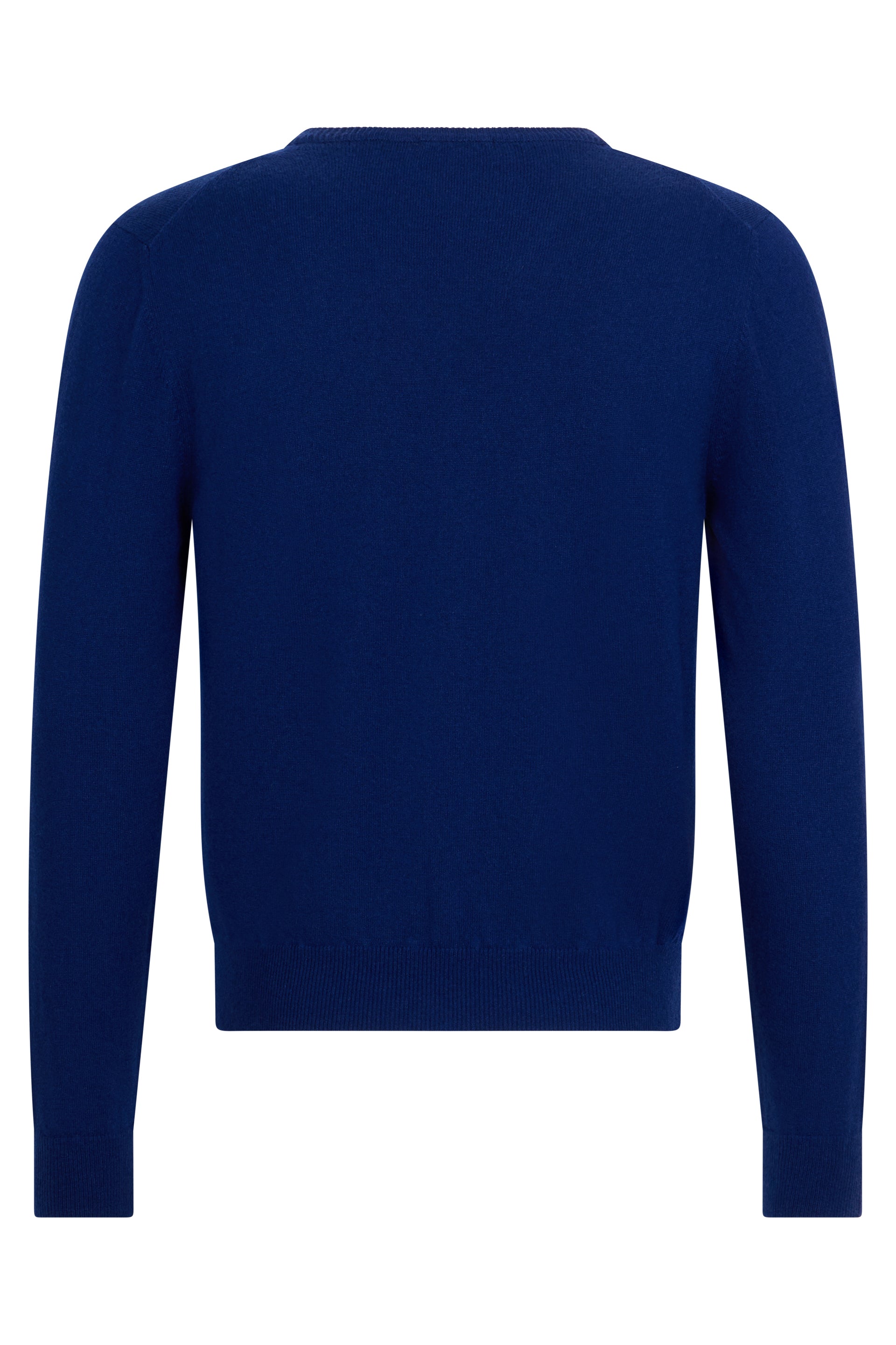 Dark blue sweater with V-neck and long sleeves, ideal for a casual and elegant look.