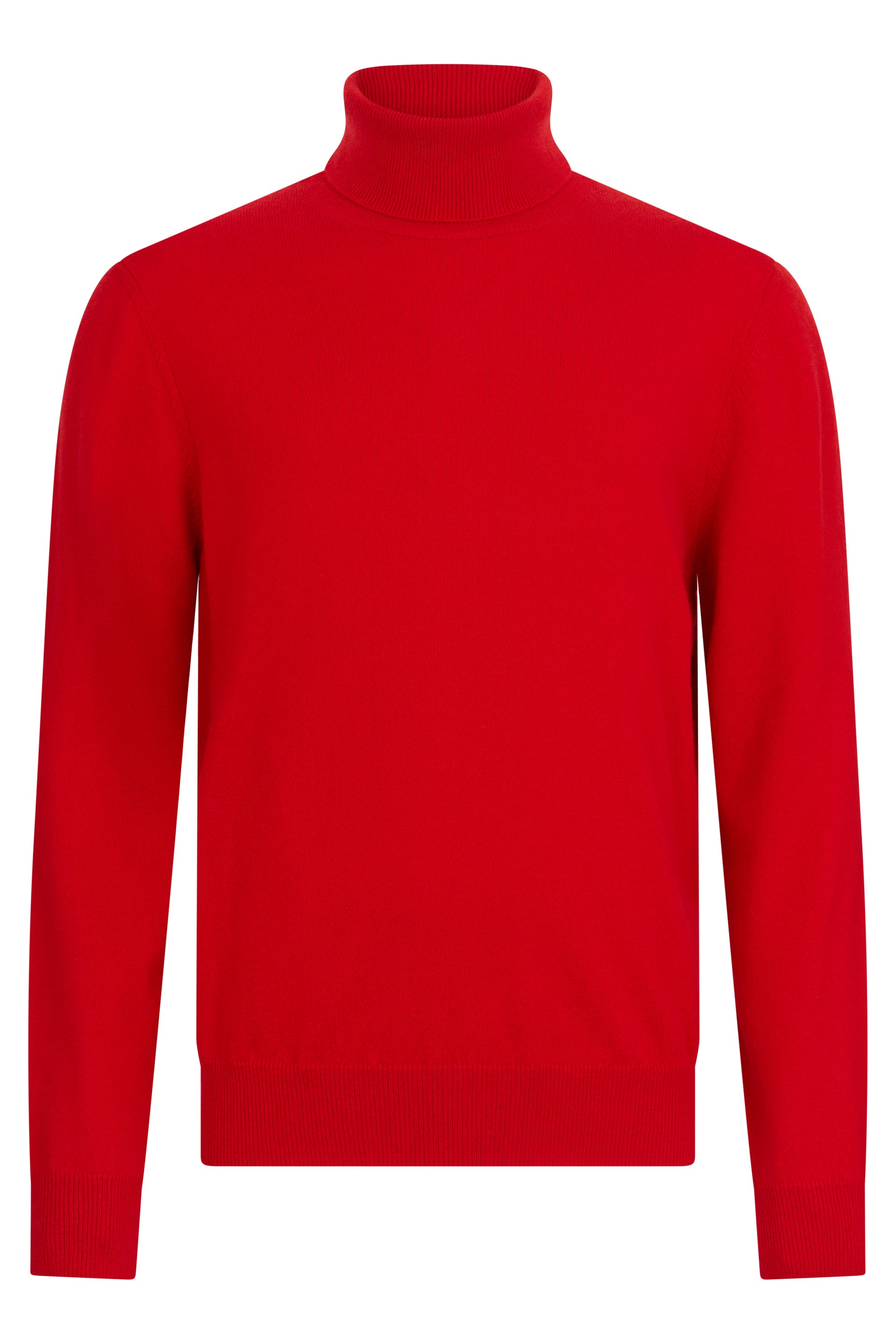 Red sweater with a high collar and long sleeves.