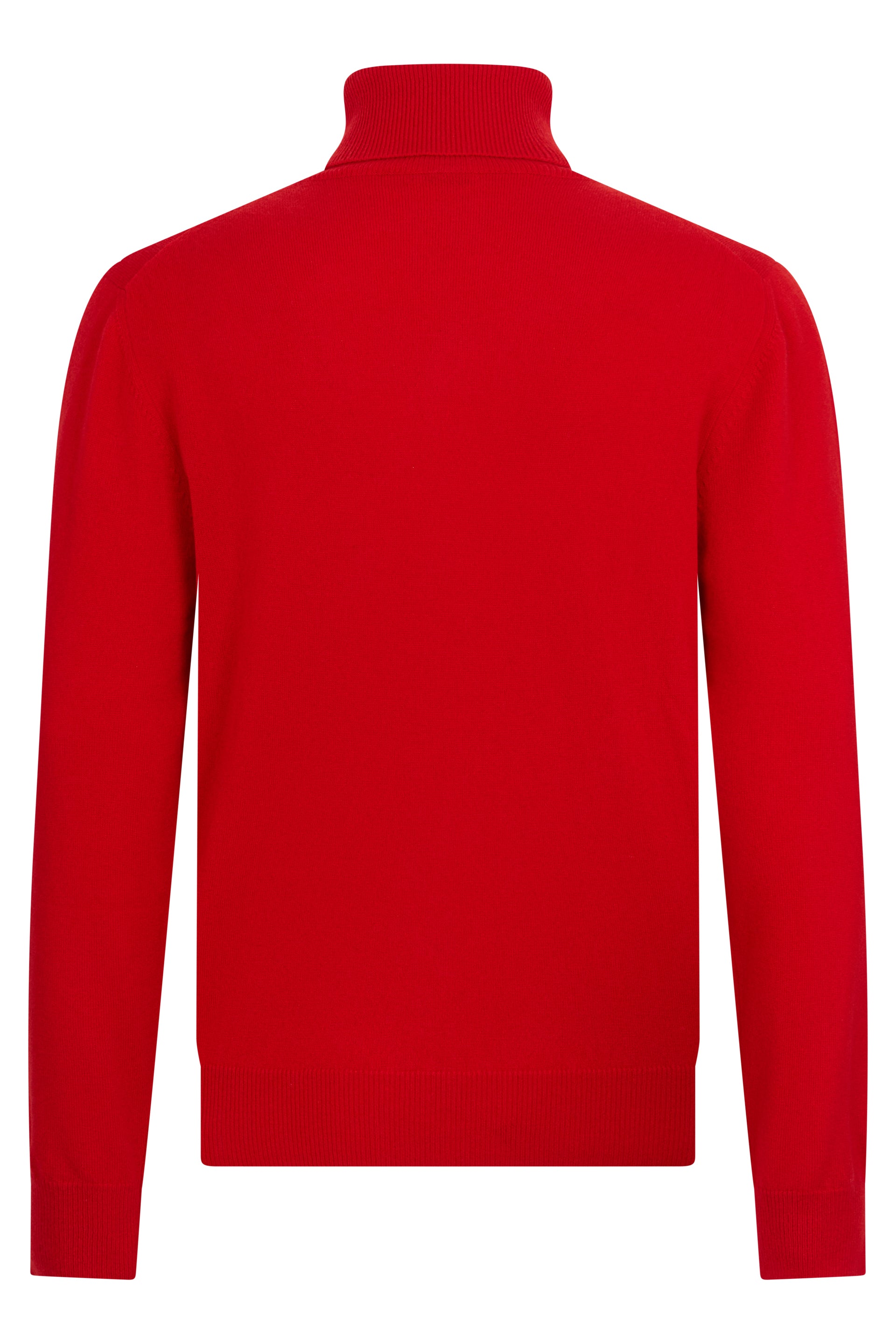 Red sweater with a high collar and long sleeves.