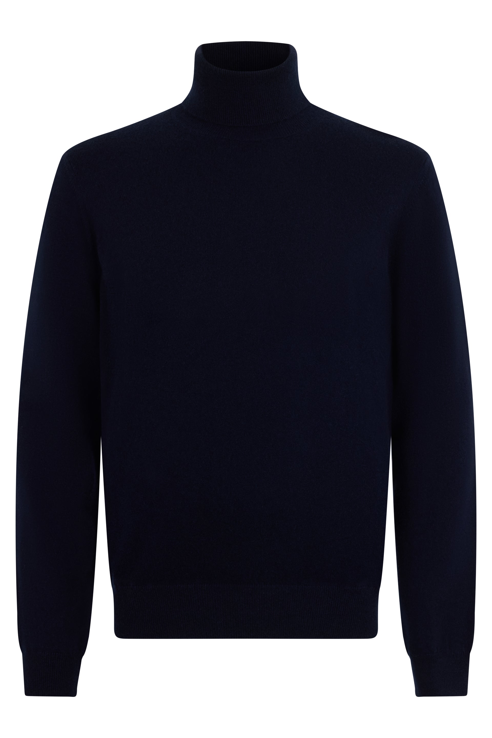 Dark blue sweater with elegant design, high collar and long sleeves.