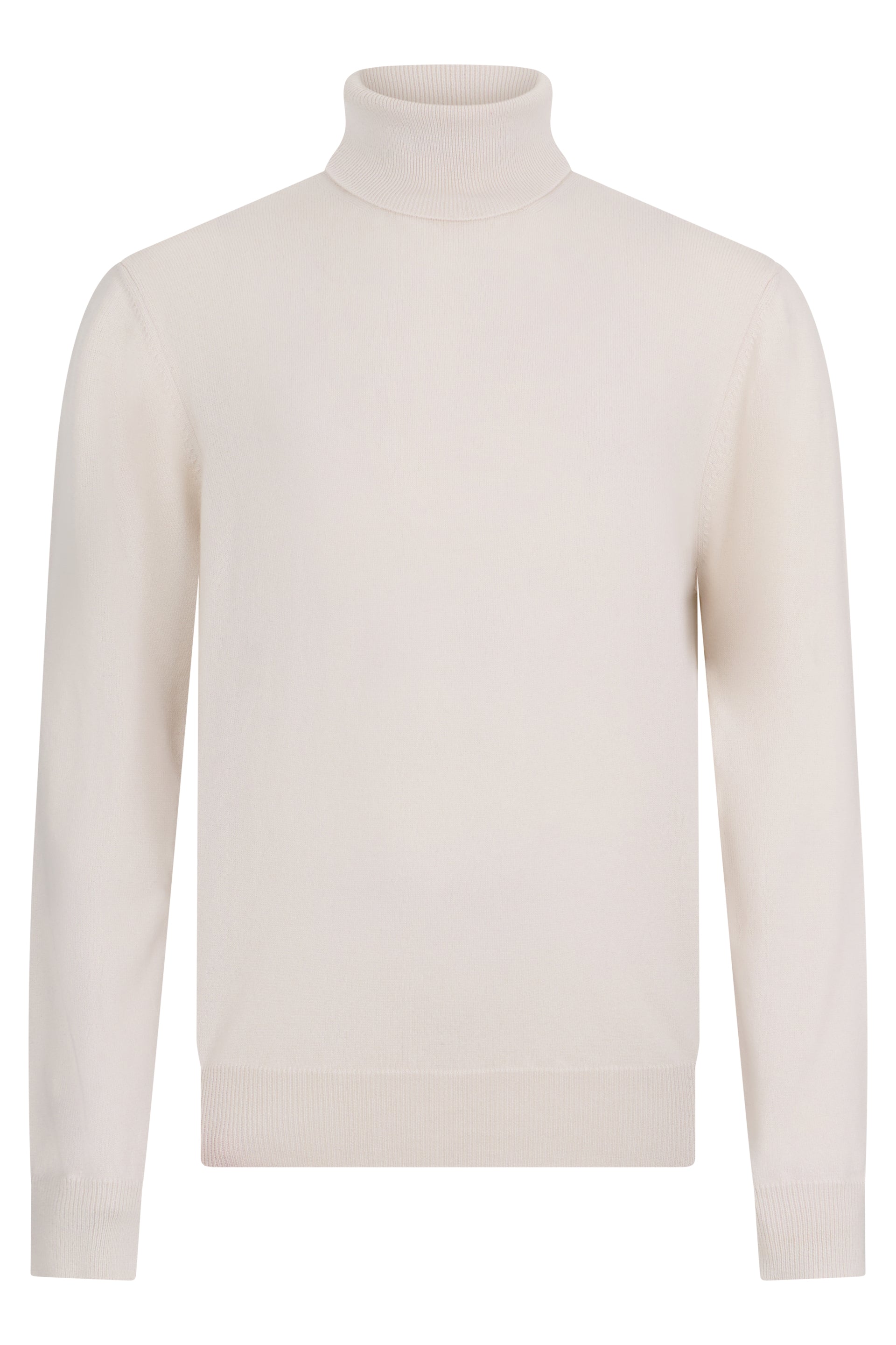 Sand-colored sweater with a high collar and long sleeves.