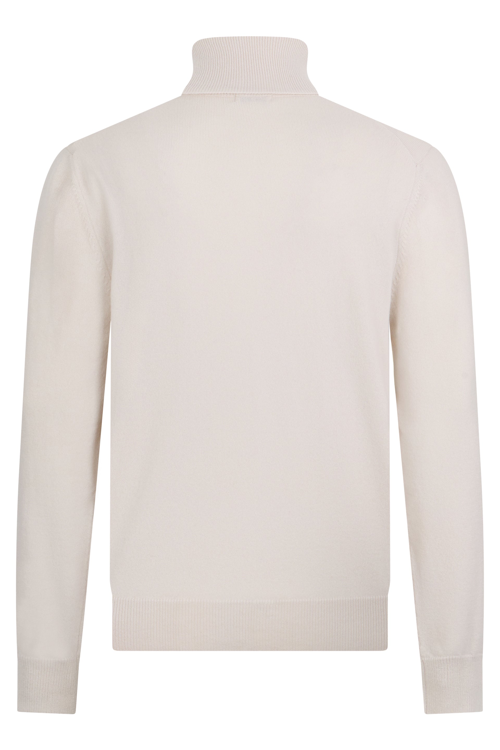 Sand-colored sweater with a high collar and long sleeves.