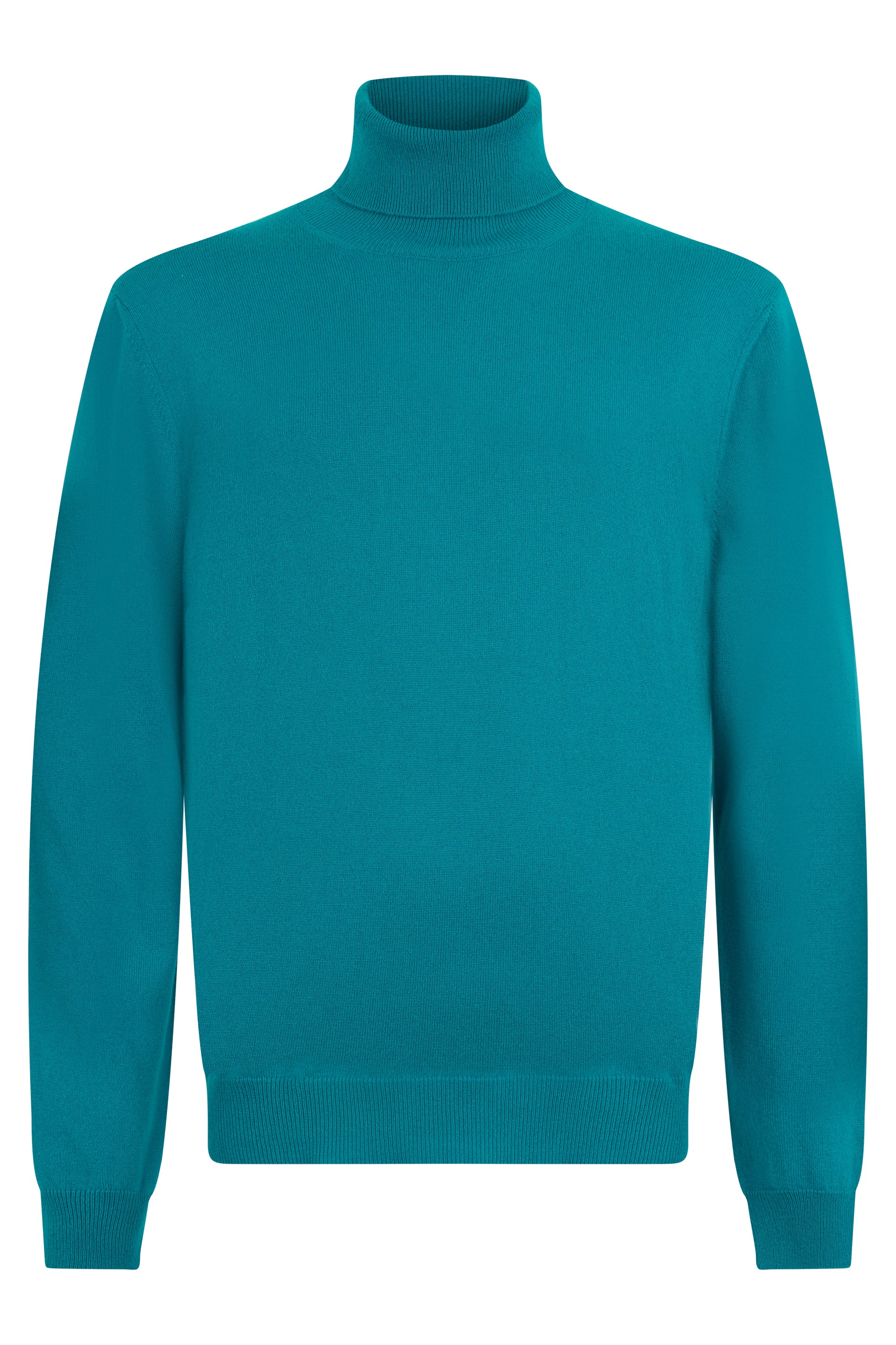 Turquoise sweater with long sleeves and high neck.