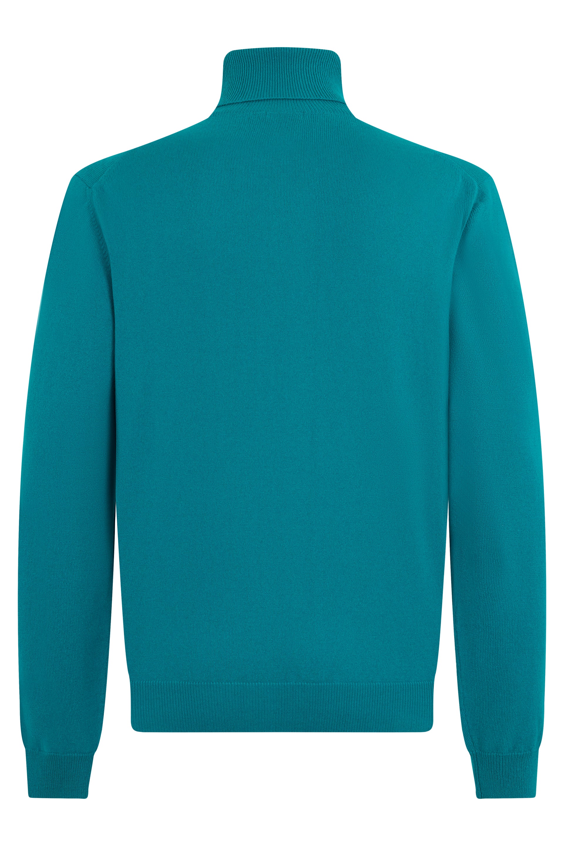 Turquoise sweater with long sleeves and high neck.