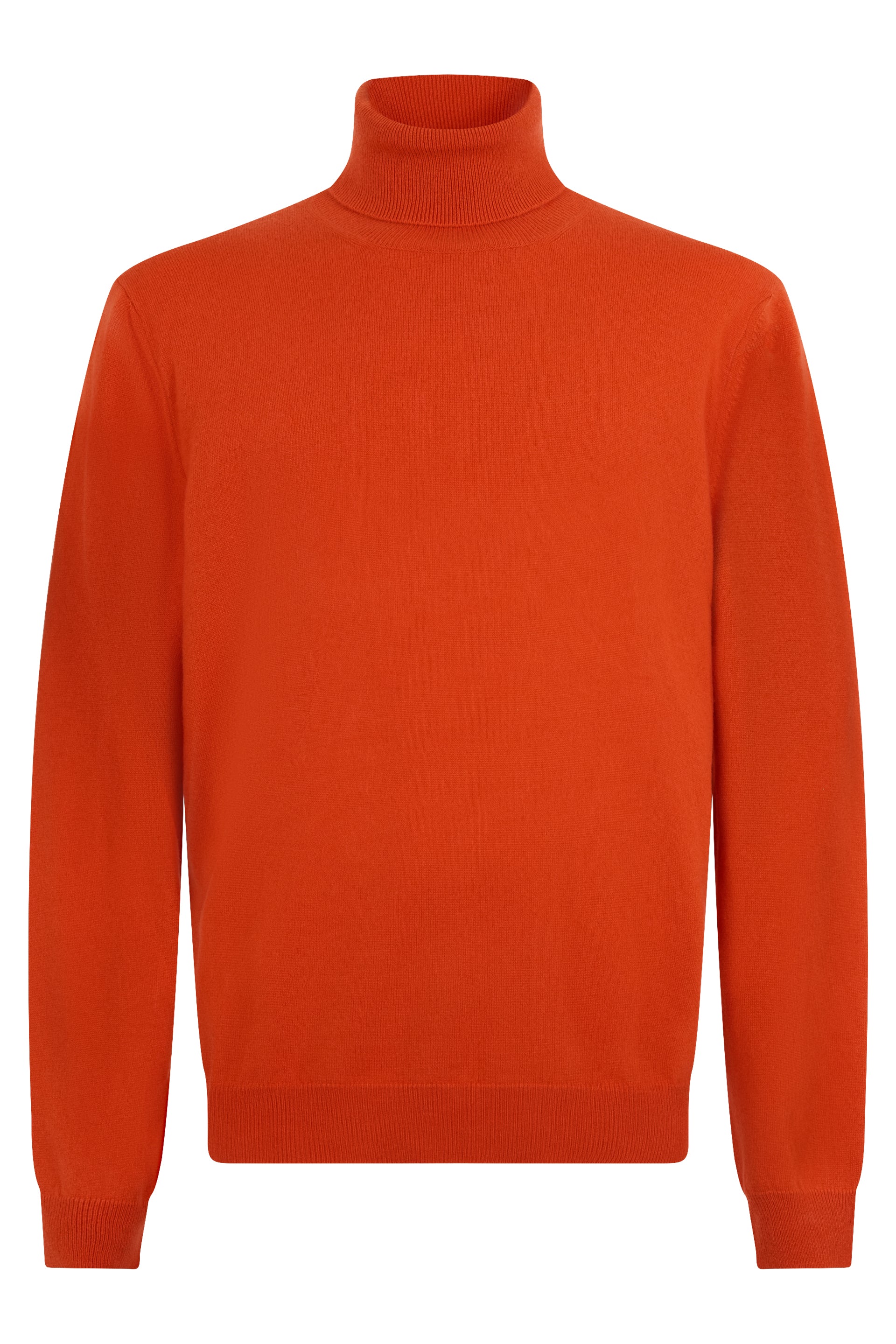 Orange sweater with long sleeves and high collar.