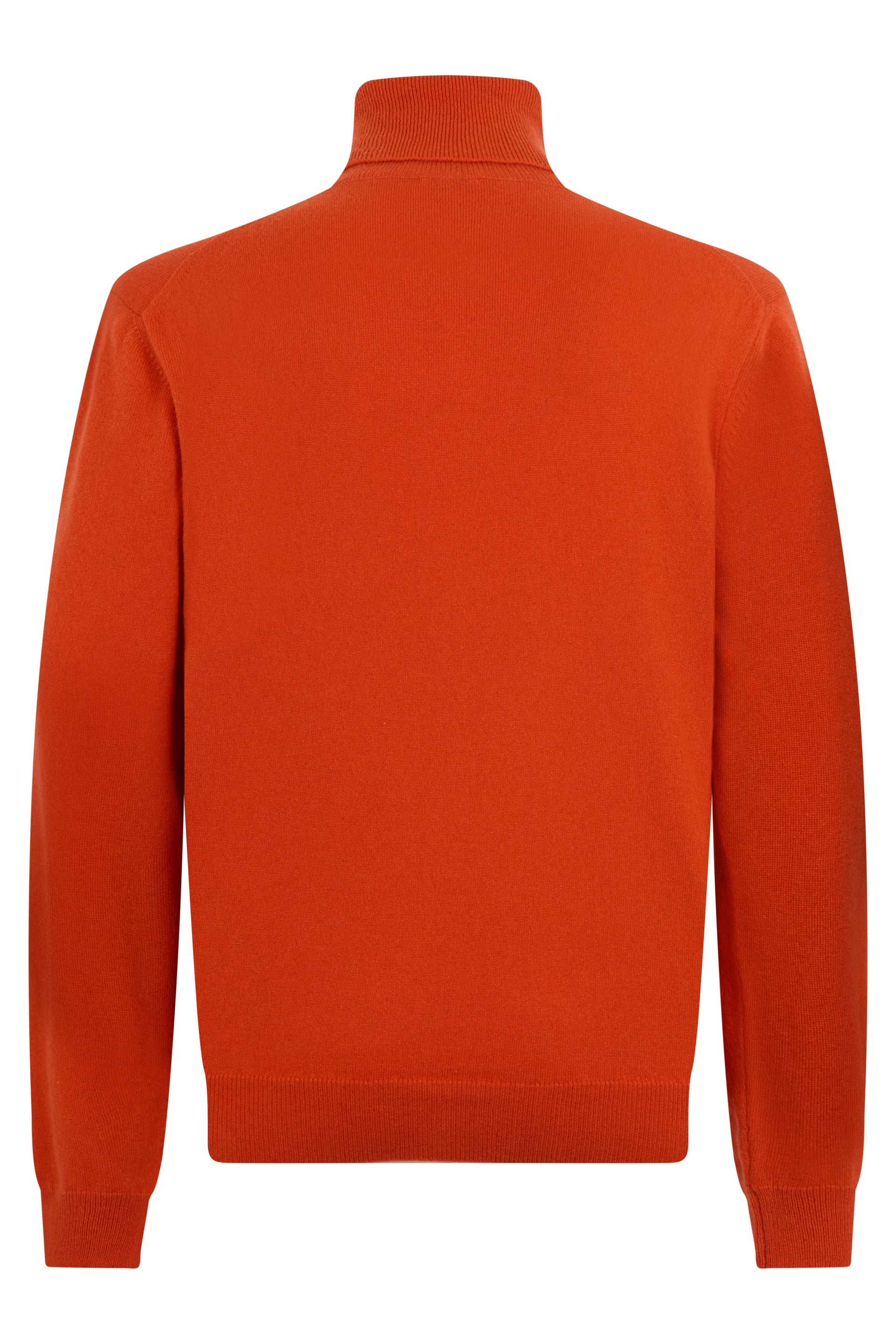 Orange sweater with long sleeves and high collar.