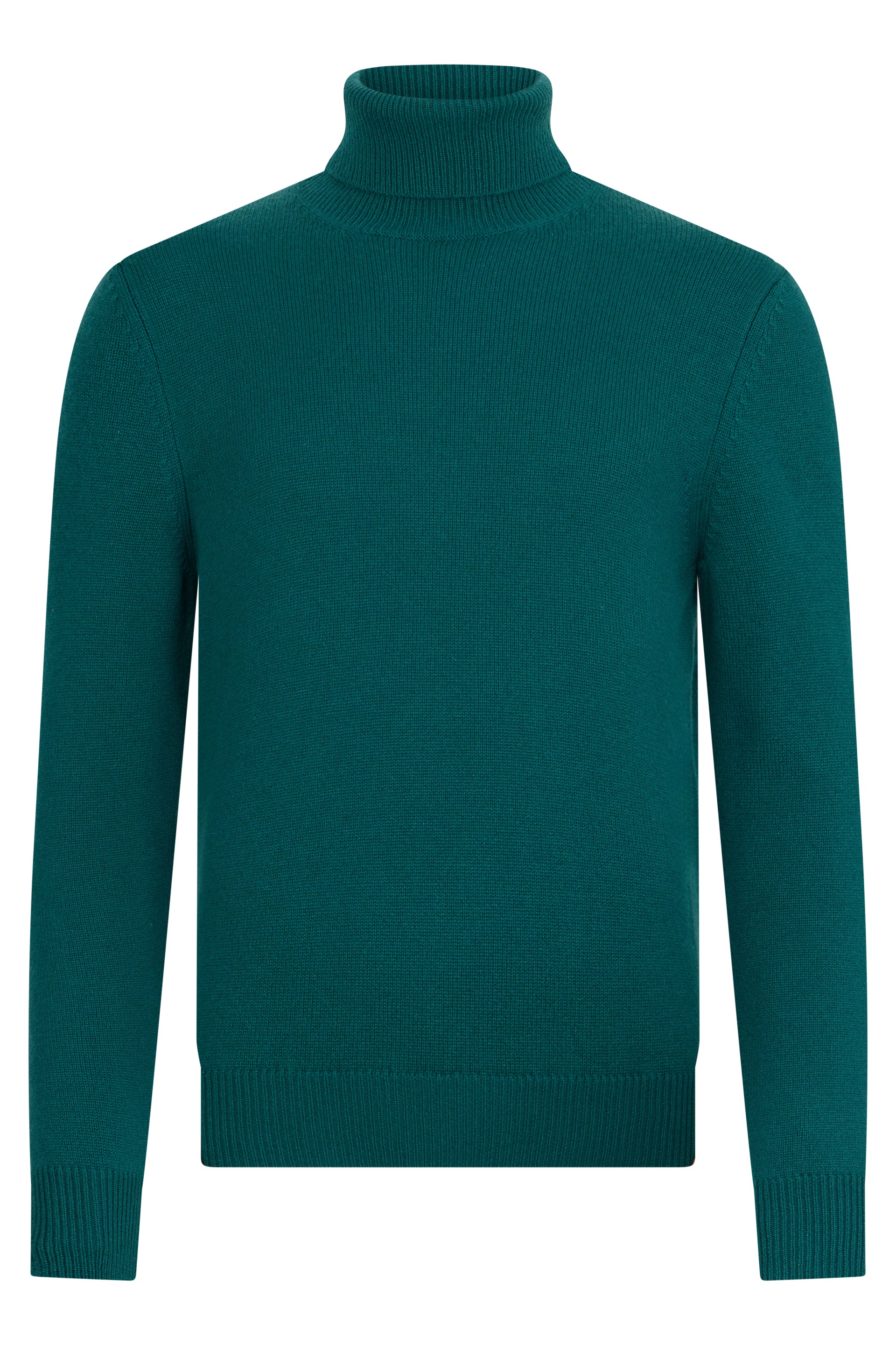 High-neck petrol green sweater with elegant and comfortable design.