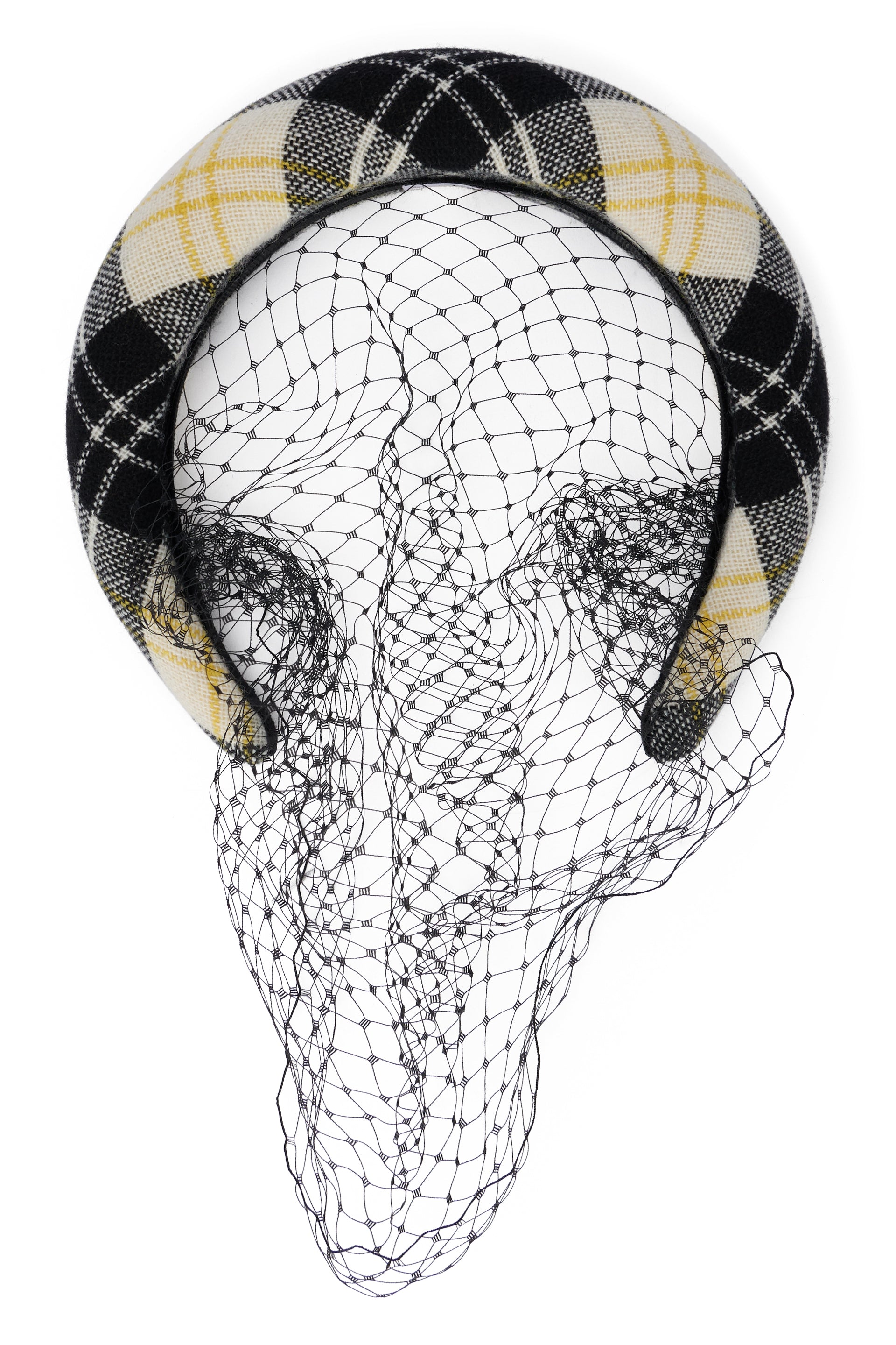 Elegant hairband with tartan pattern and decorative net.