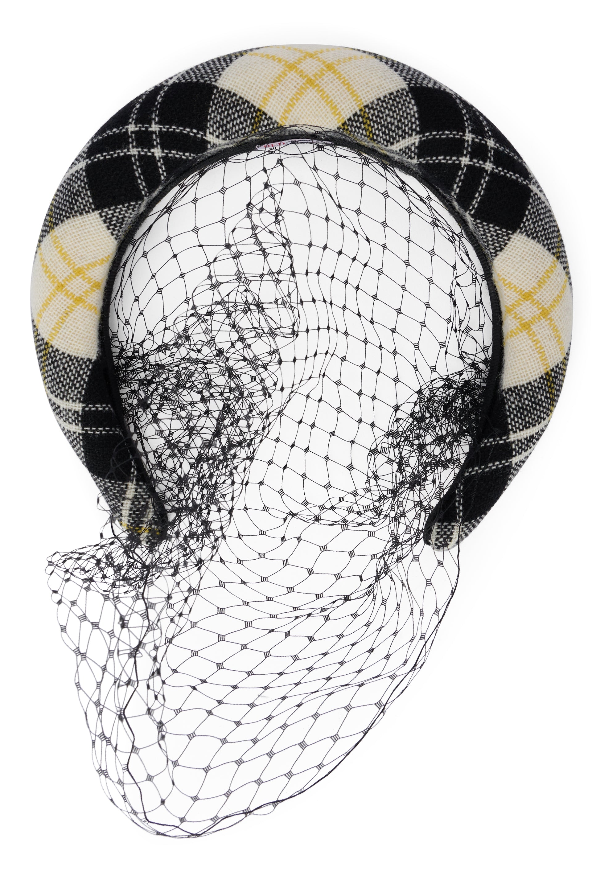 Elegant hairband with tartan pattern and decorative net.