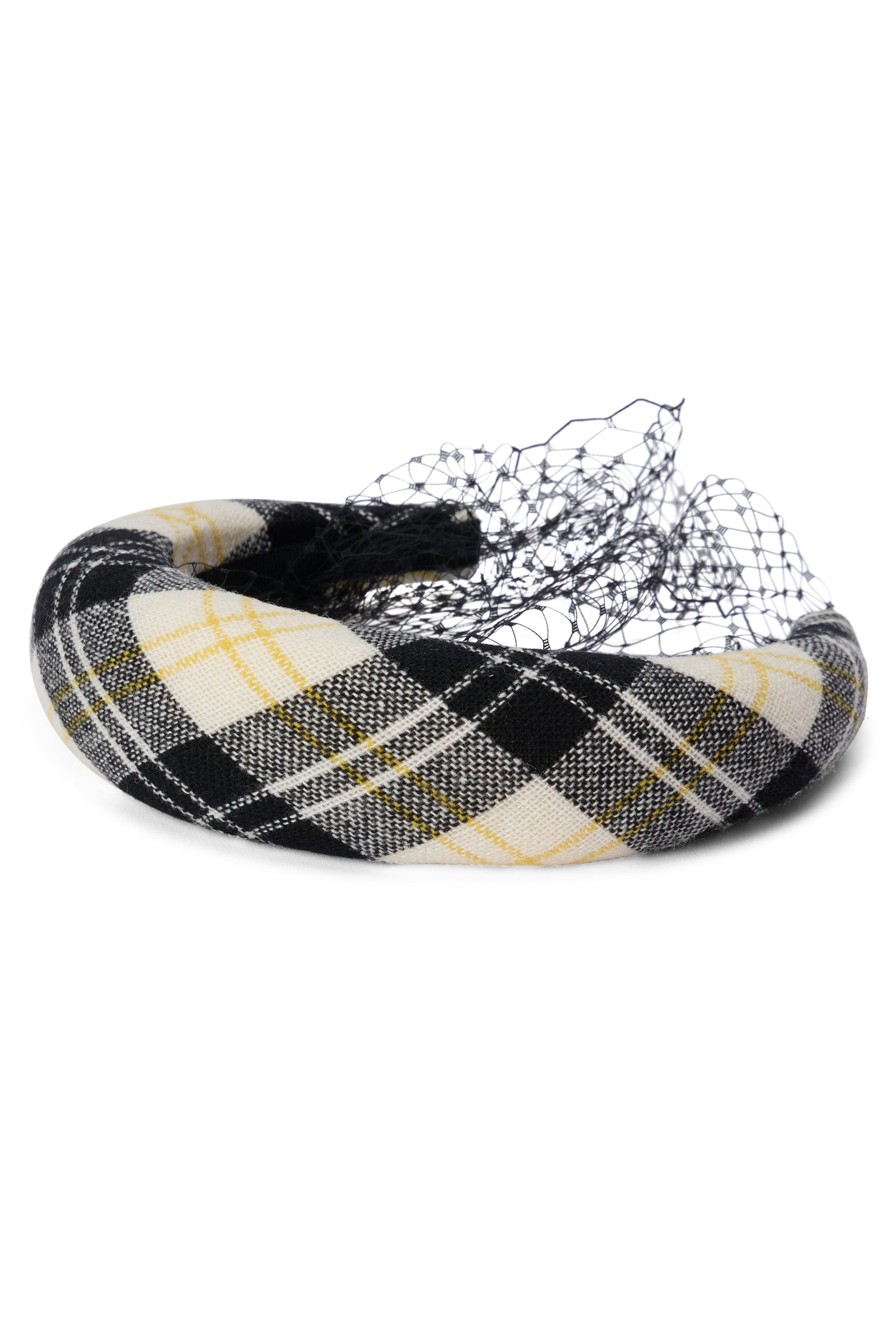 Elegant hairband with tartan pattern and decorative net.