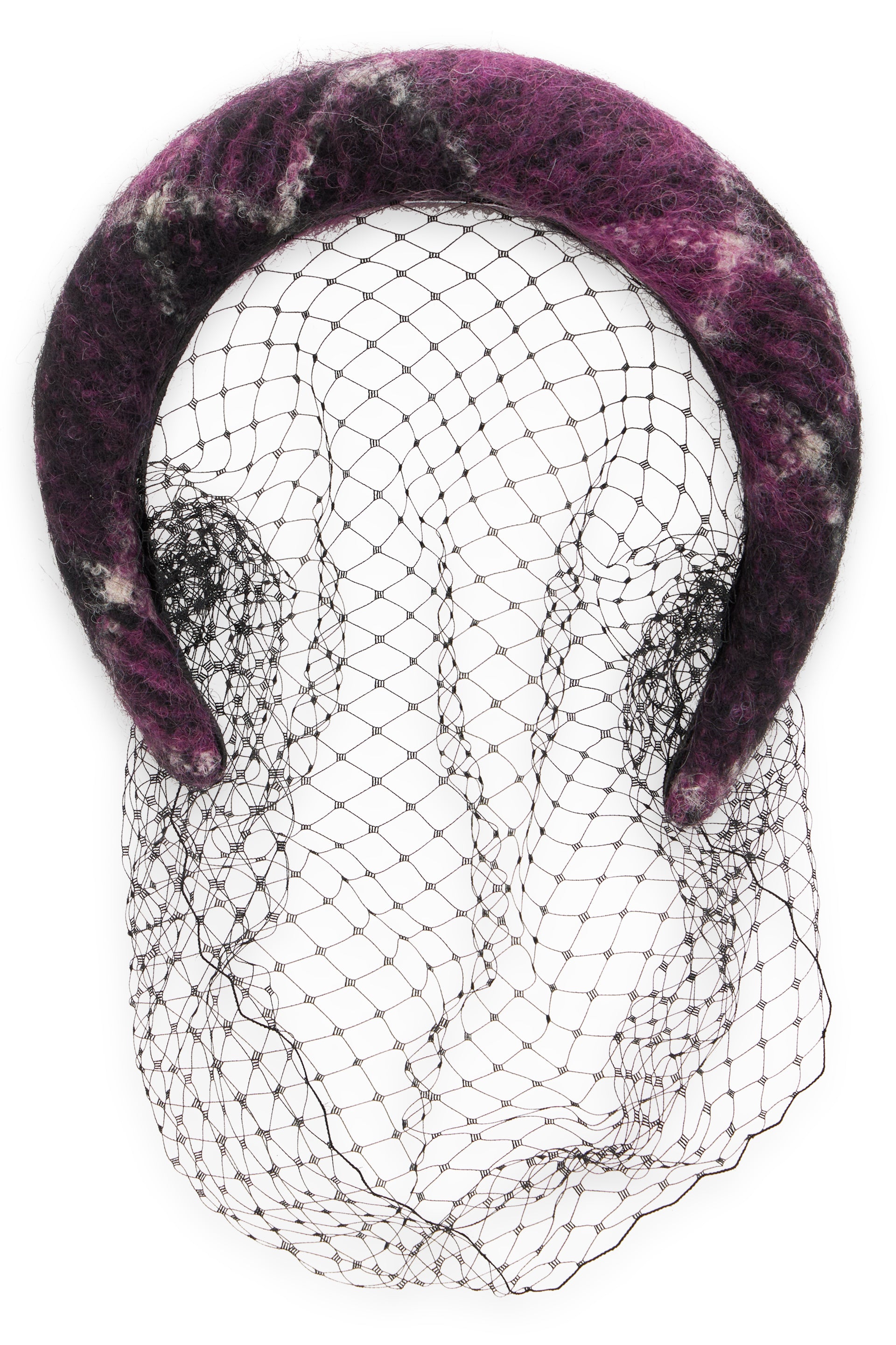 Elegant headband for hair in shades of purple and black with decorative mesh.