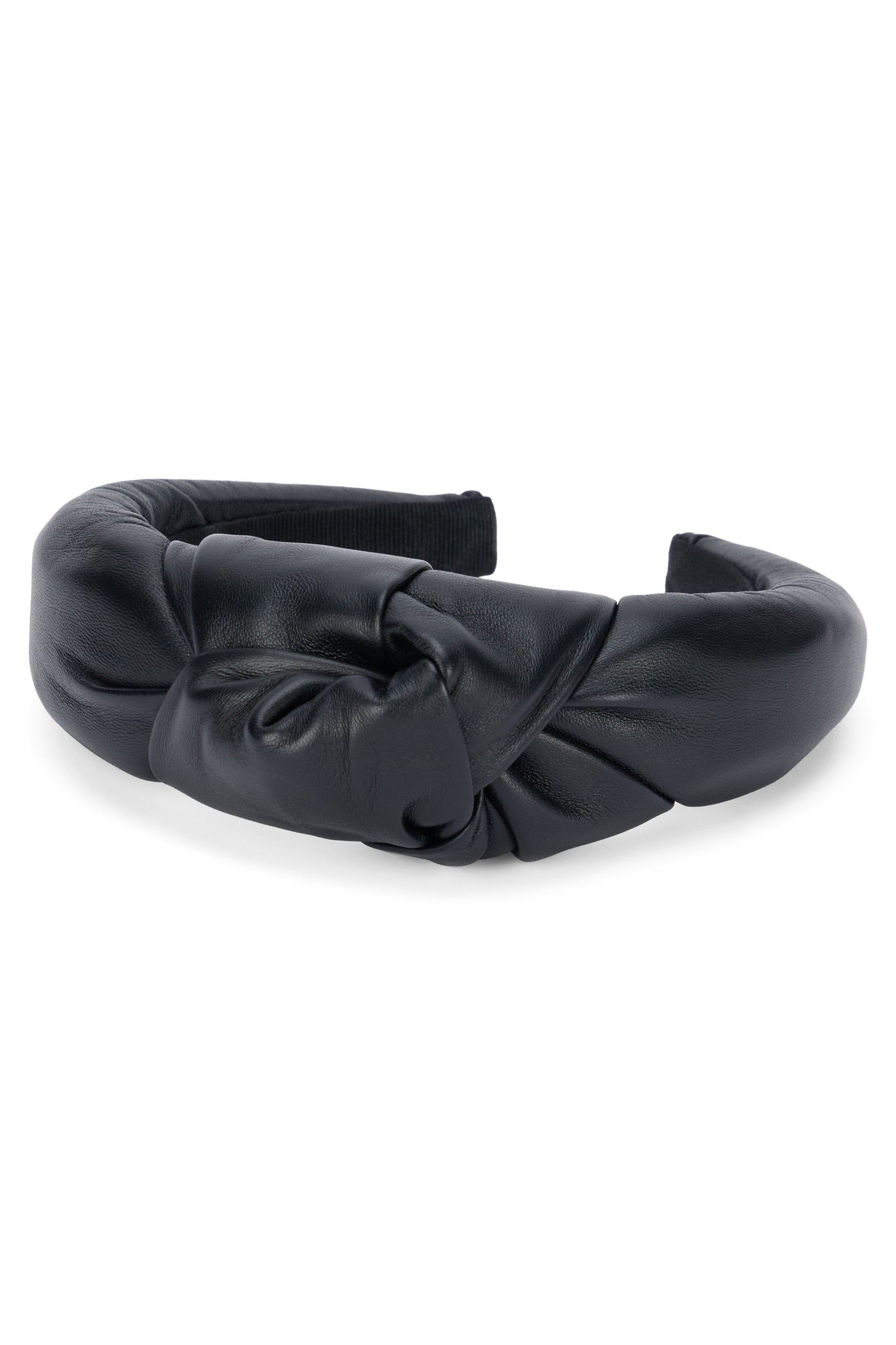 Elegant black leather headband, minimalist and chic design.