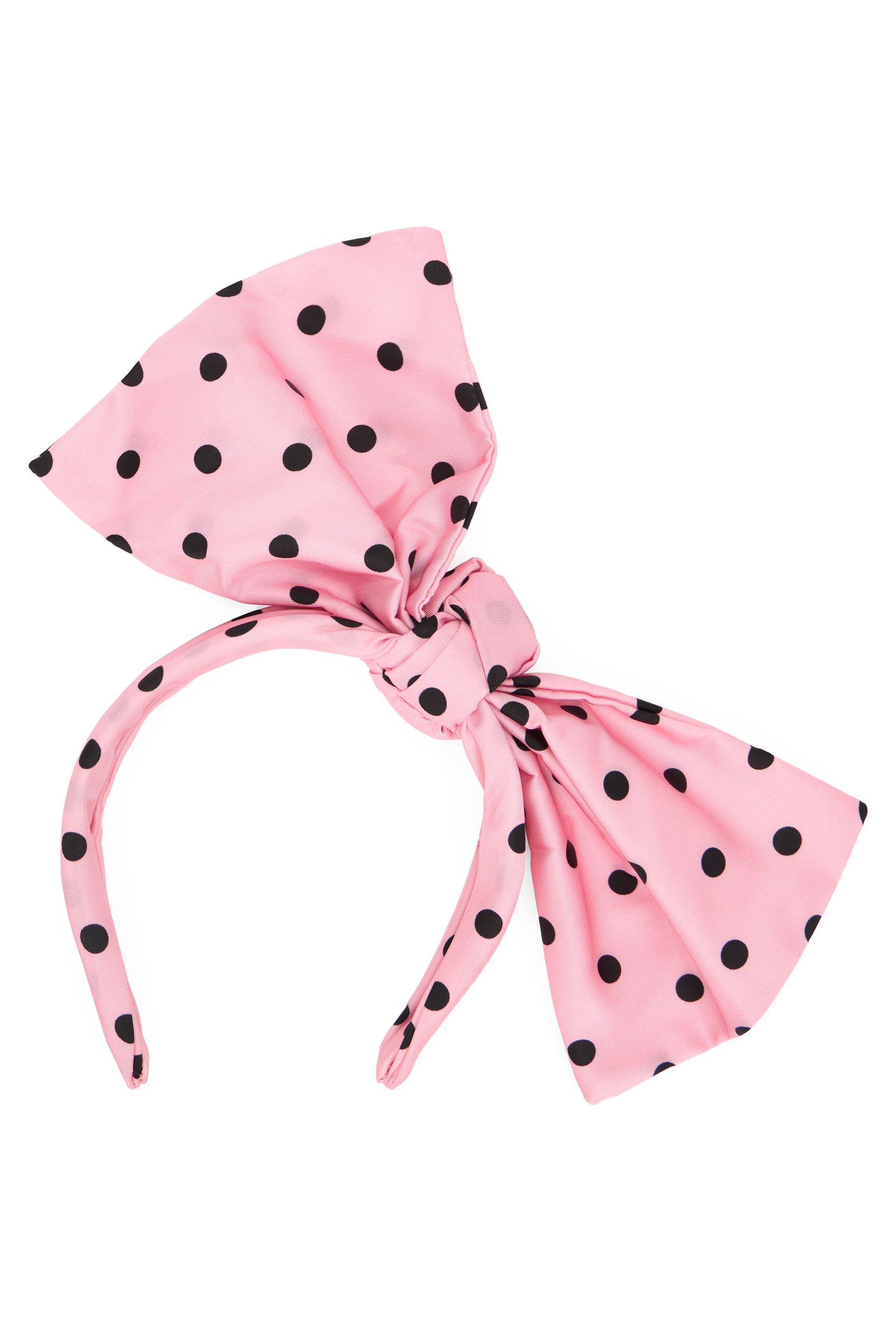 Pink hairband with black polka dot bow.