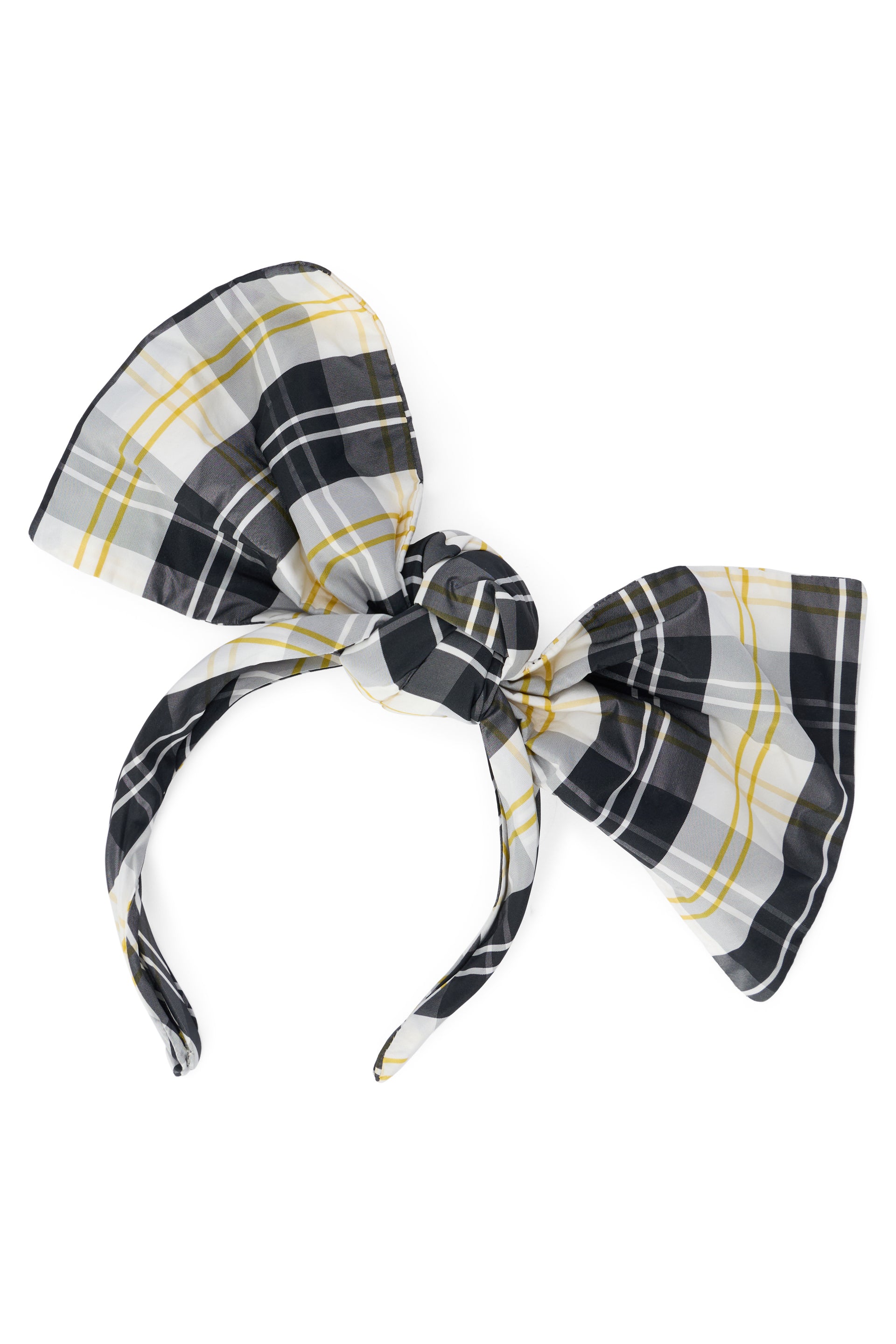 Headband for hair in shades of cream white, black and yellow with a large decorative bow.