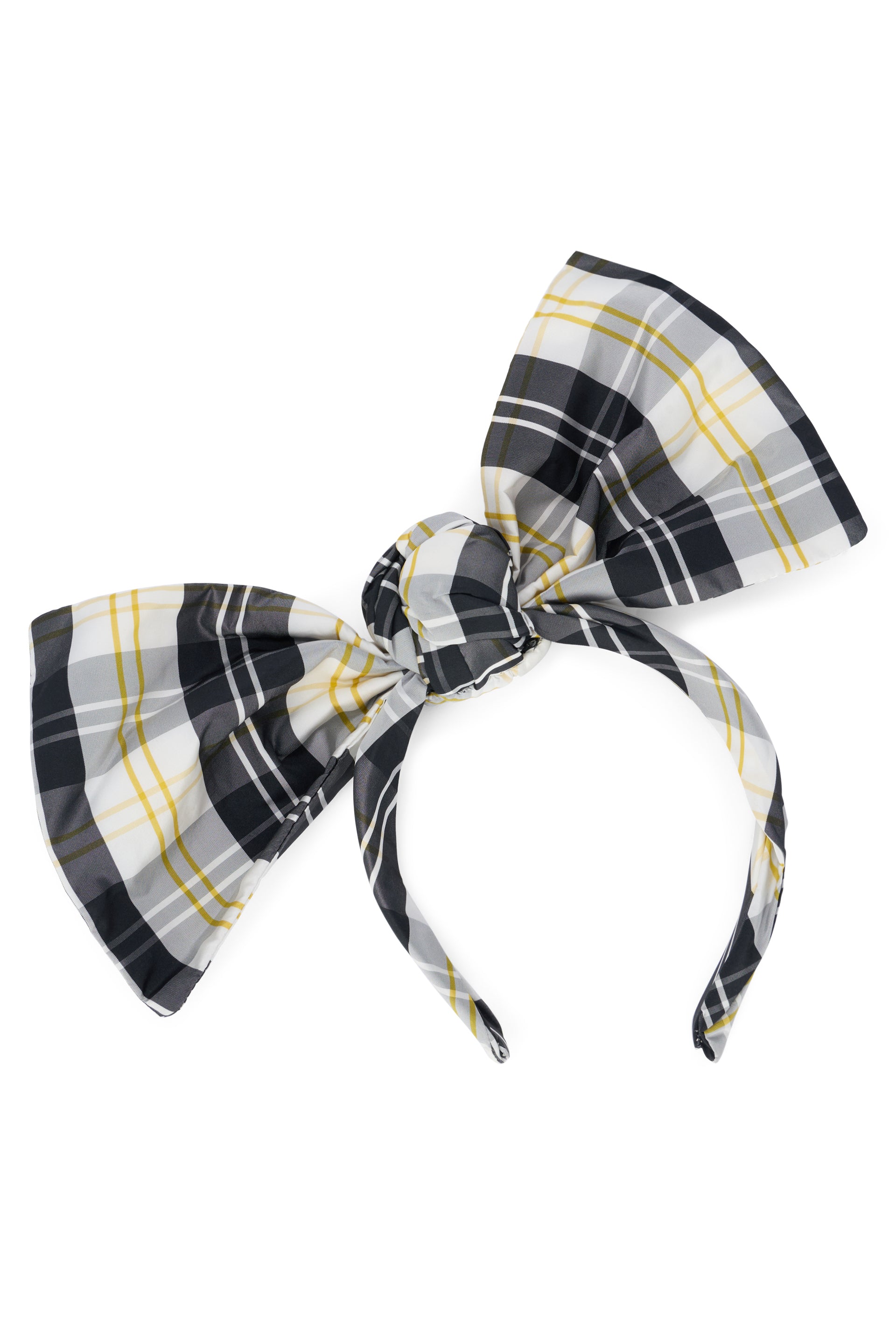 Headband for hair in shades of cream white, black and yellow with a large decorative bow.