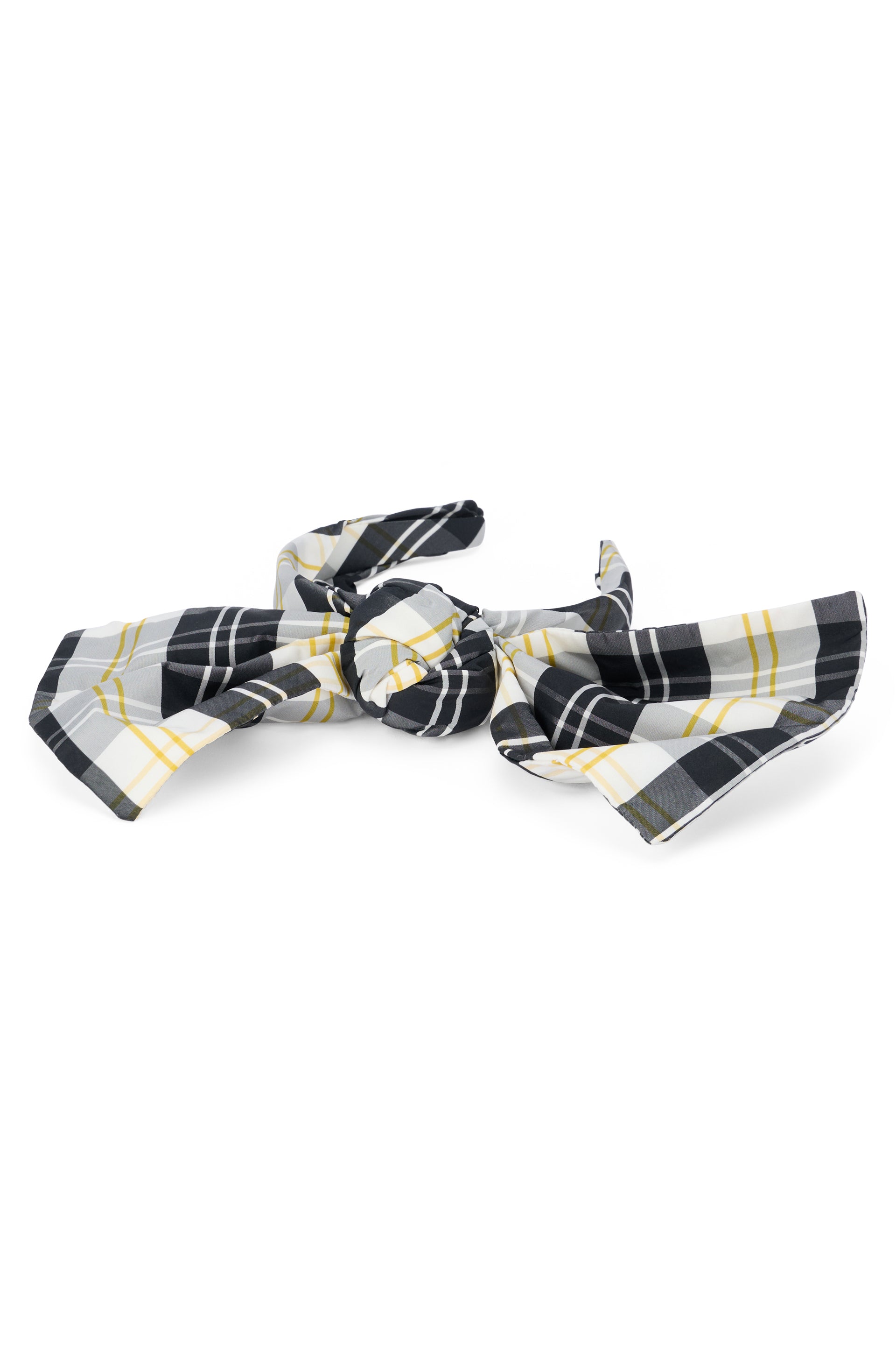 Headband for hair in shades of cream white, black and yellow with a large decorative bow.