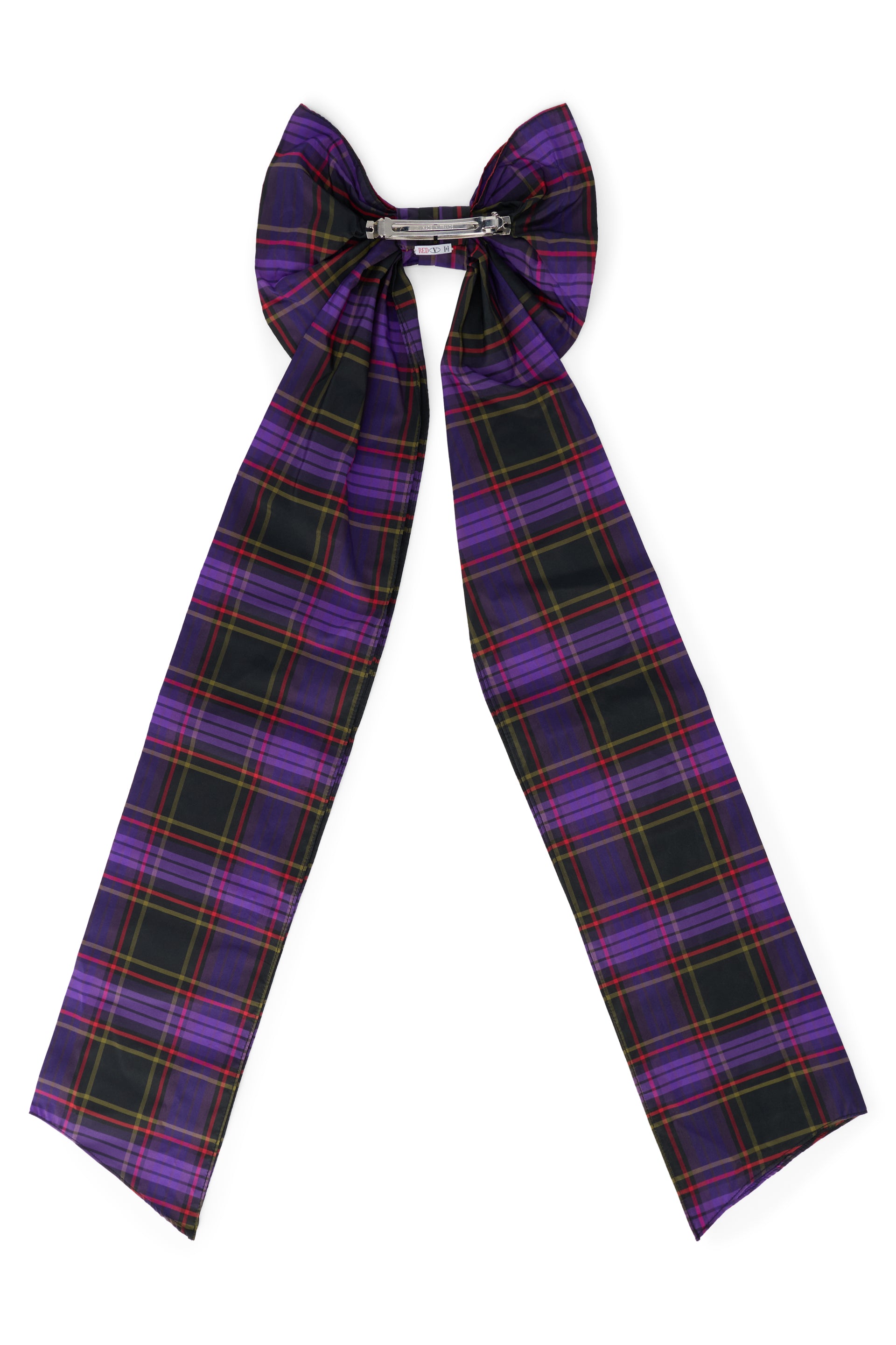 Hairpin in the shape of a bow with tartan pattern in shades of black and purple, elegant and versatile.