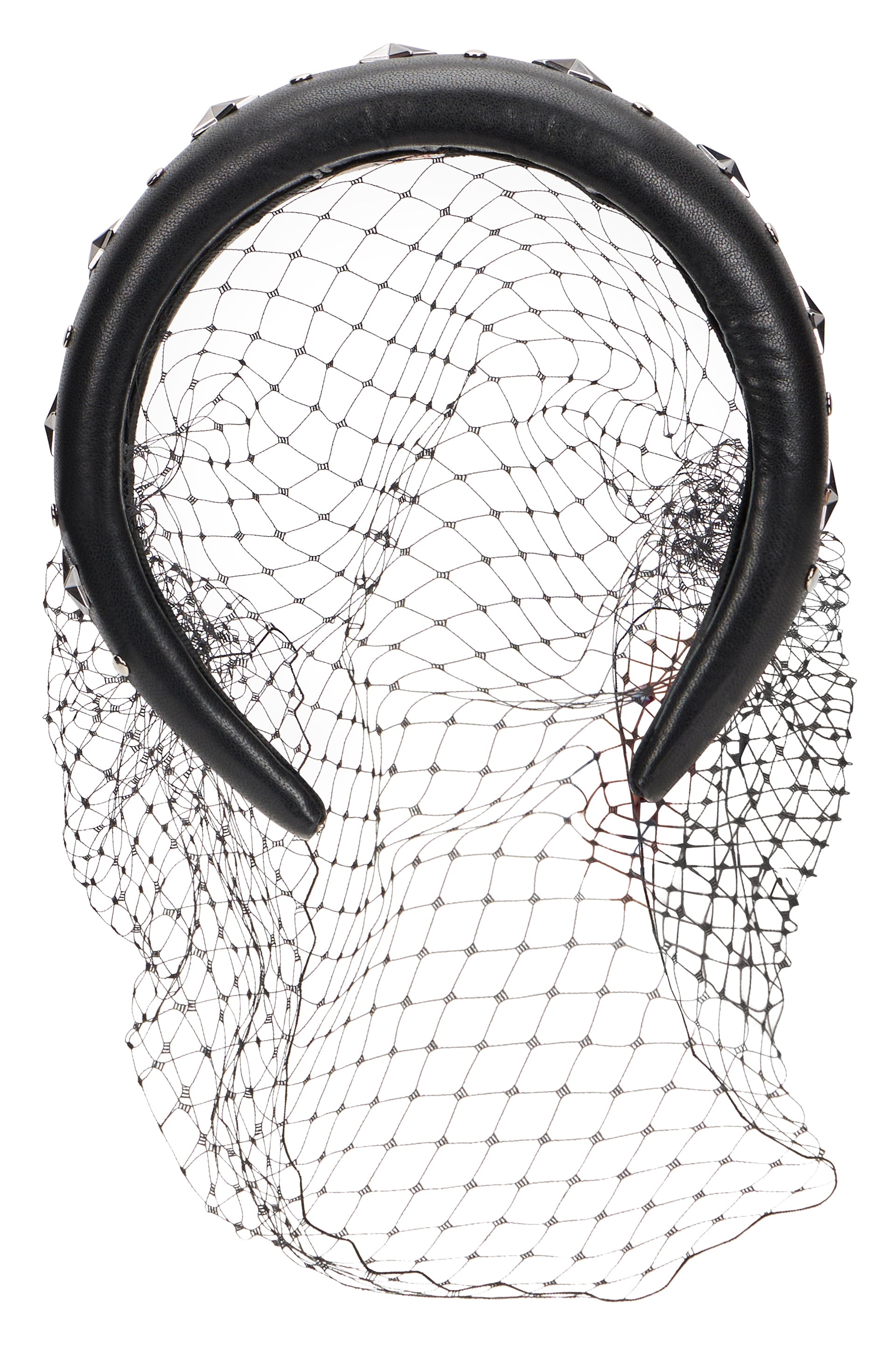 Elegant black leather headband with studs and mesh, stylish and versatile.