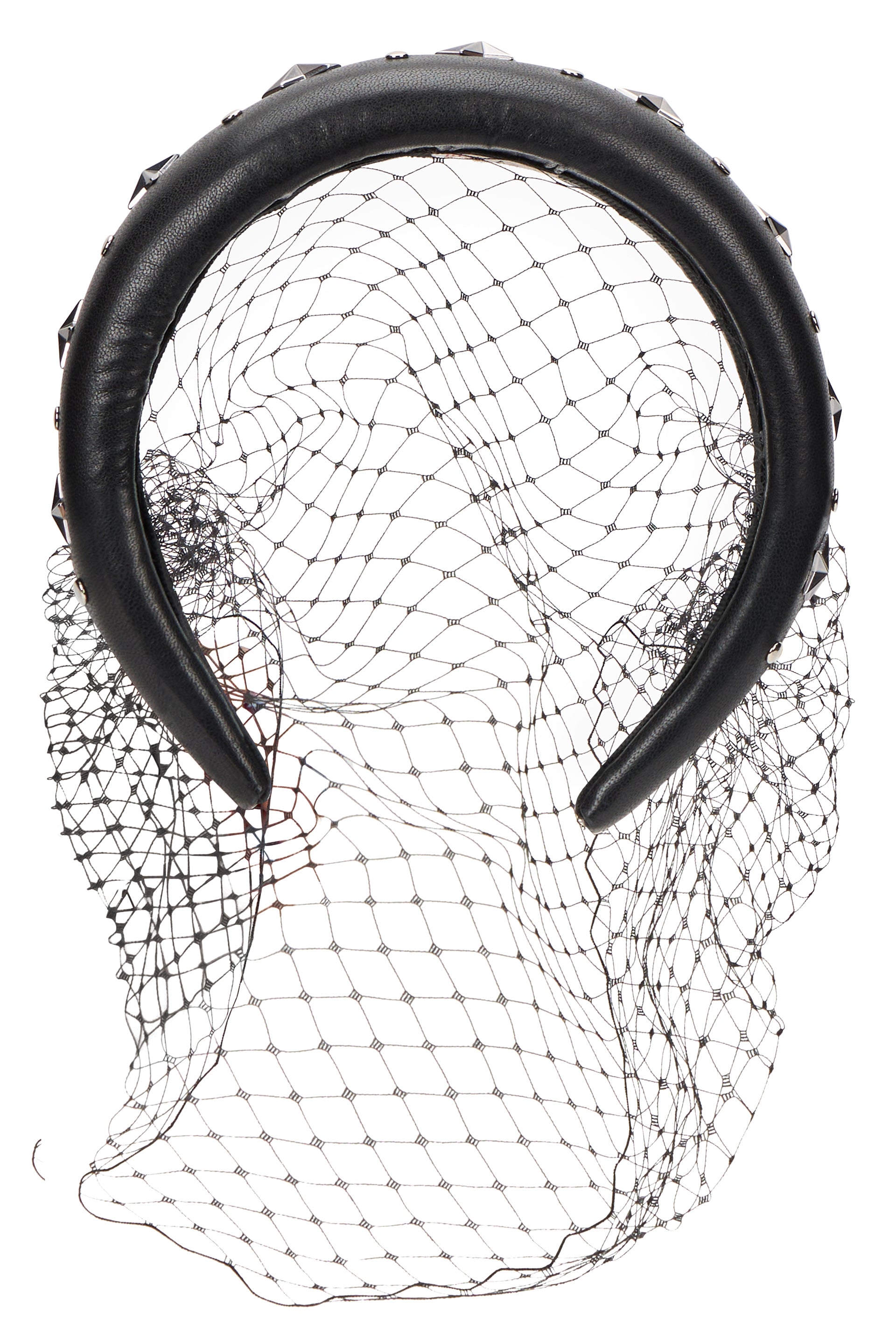 Elegant black leather headband with studs and mesh, stylish and versatile.