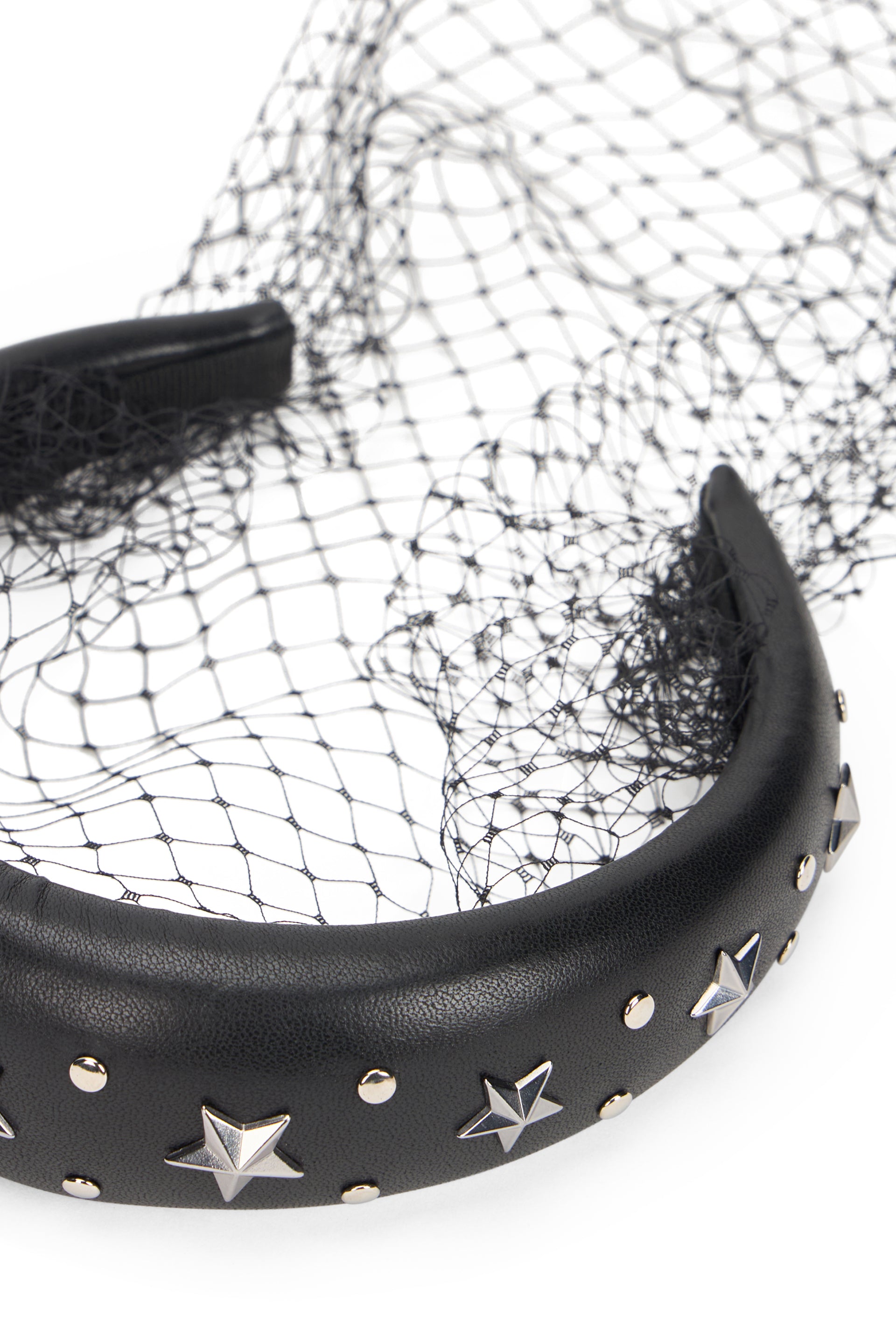 Elegant black leather headband with studs and mesh, stylish and versatile.