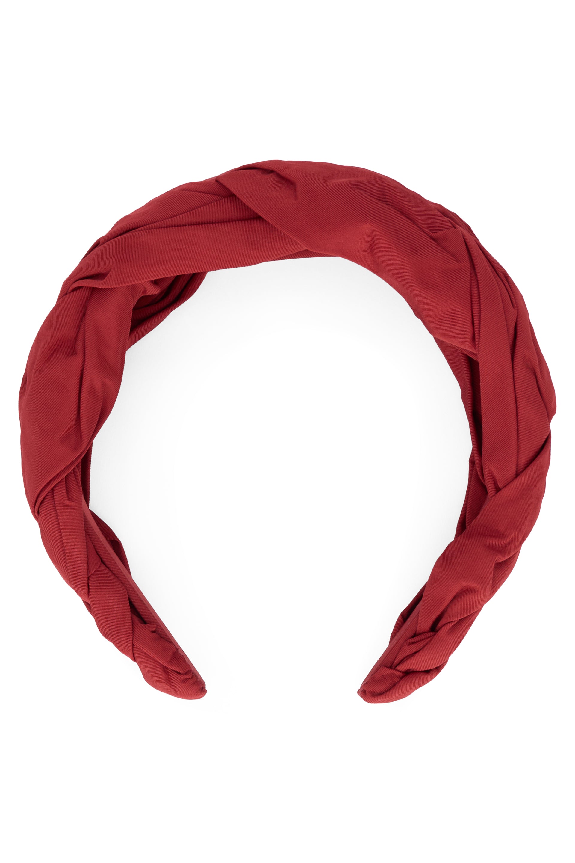 Red hair band with woven fabric.