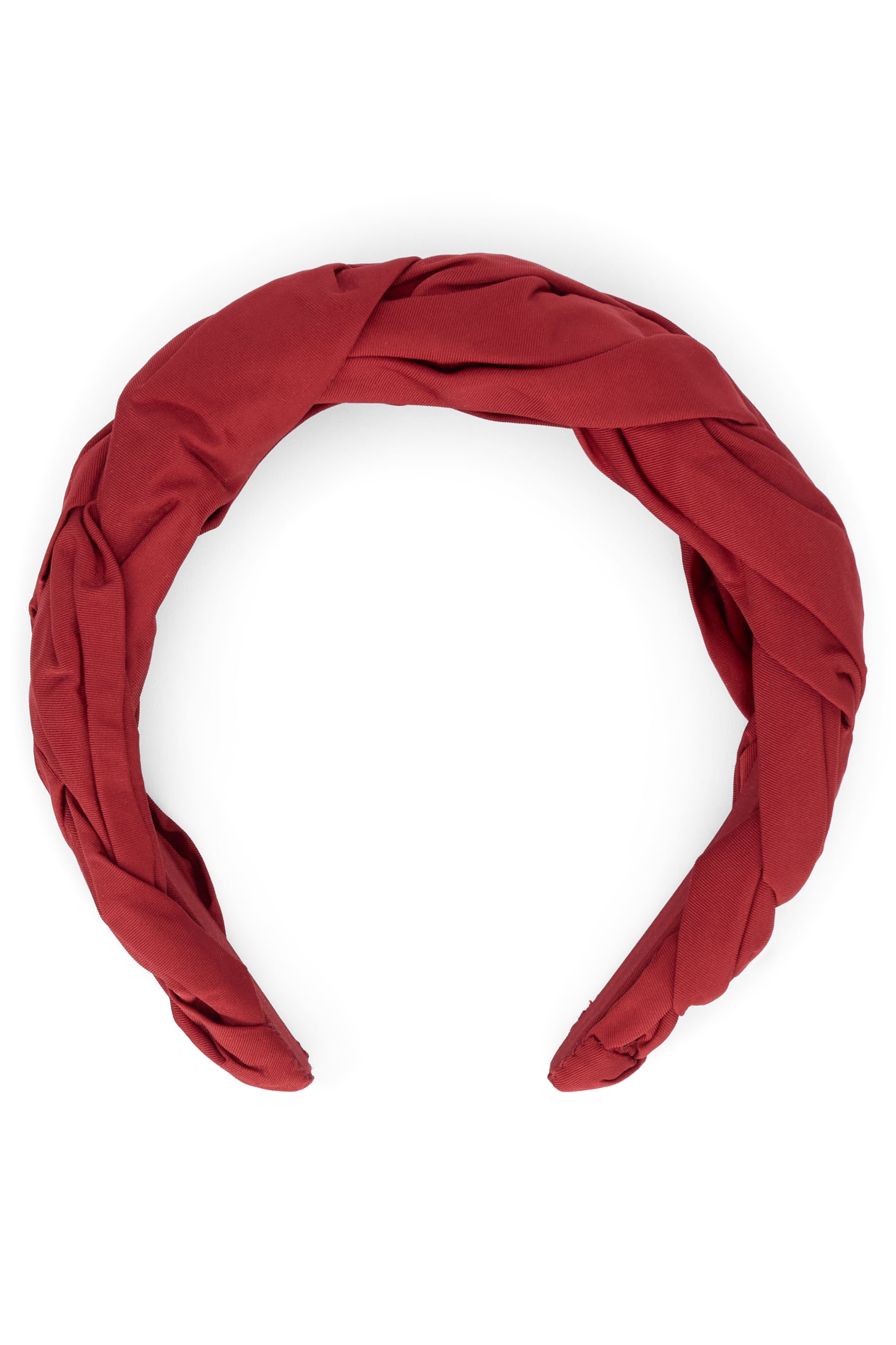 Red hair band with woven fabric.
