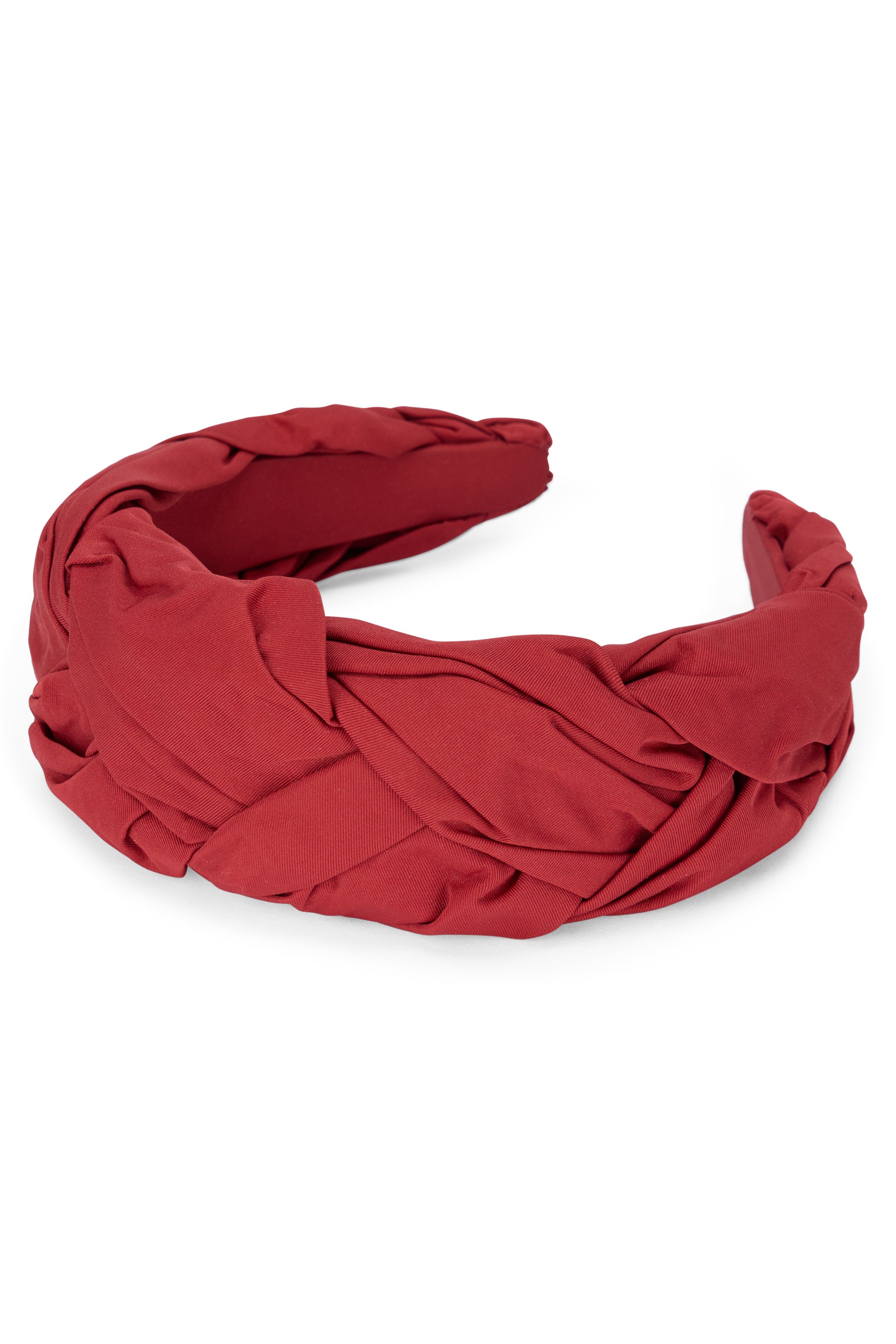 Red hair band with woven fabric.