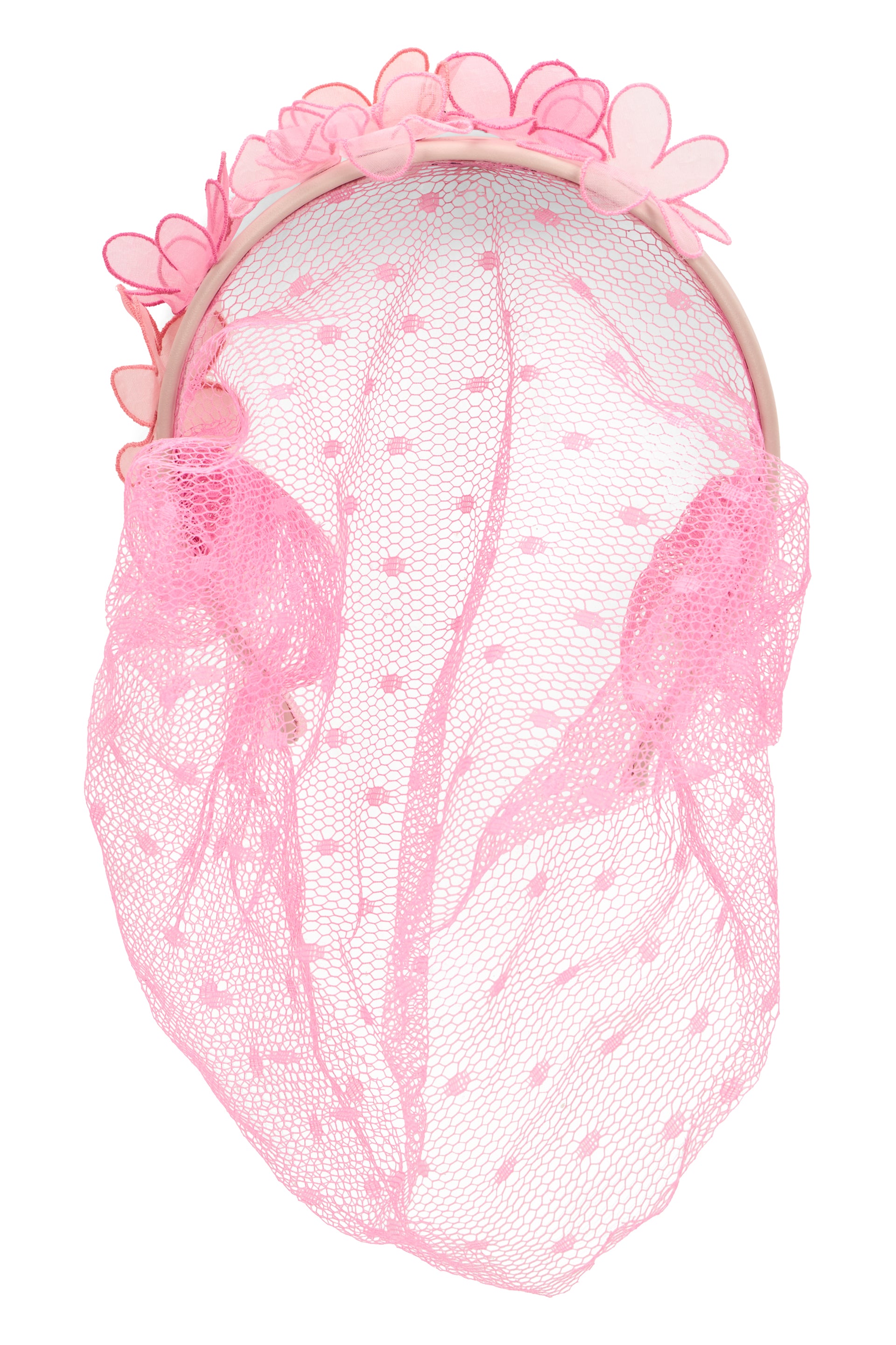 Headband for hair with pink tulle veil and floral ornament.