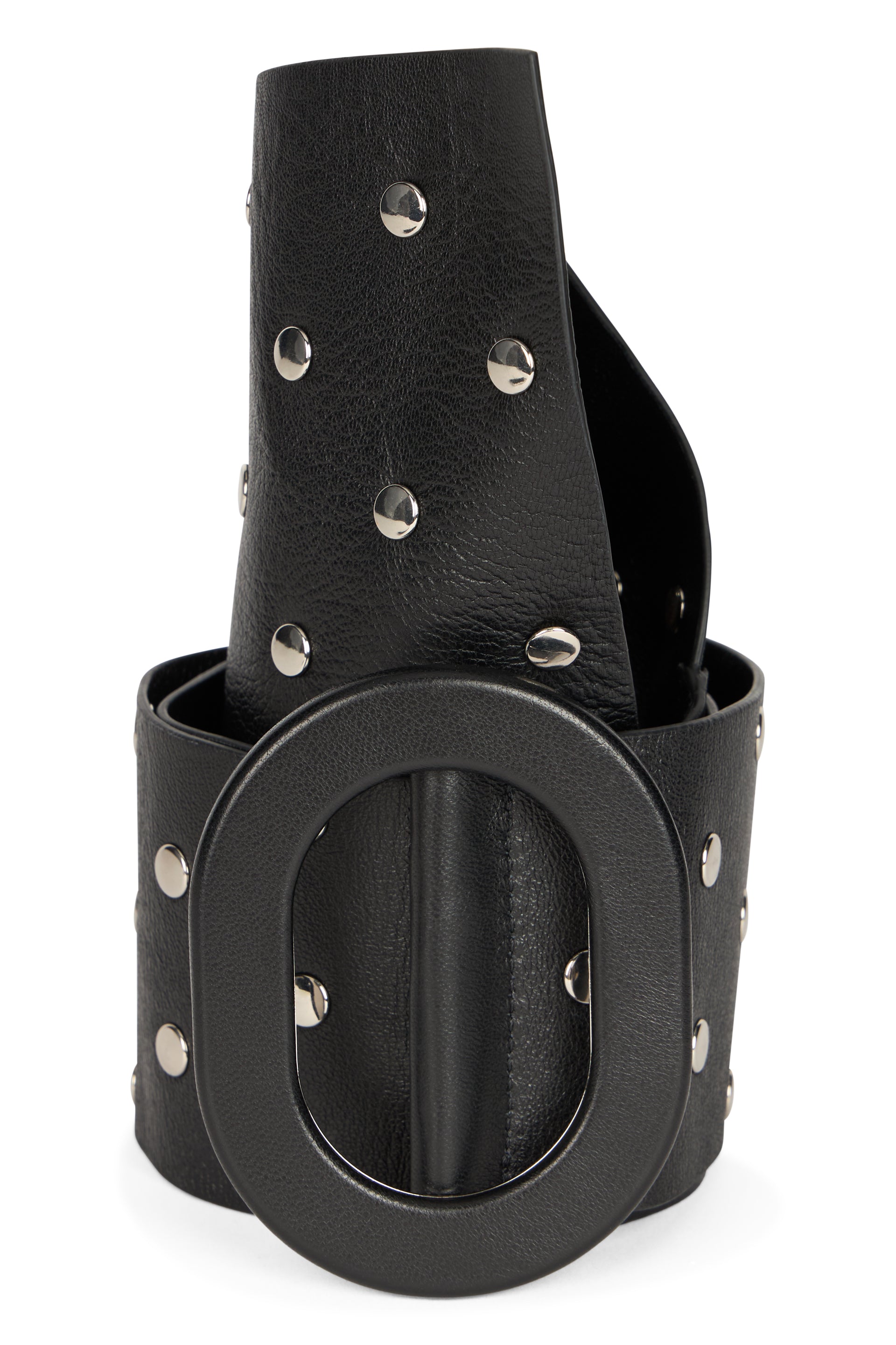 Black leather belt with decorative studs.