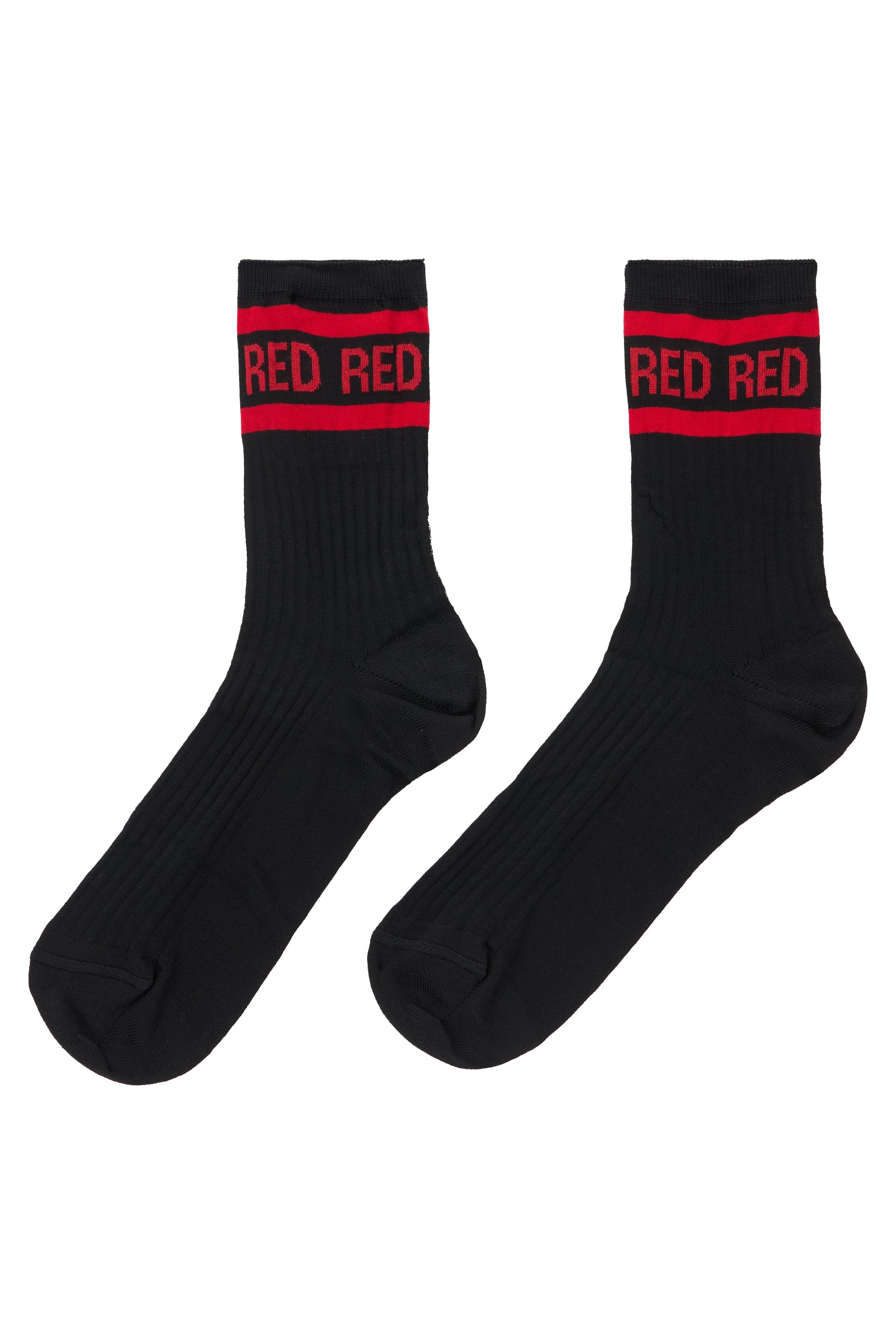 Black cotton socks with red stripes.