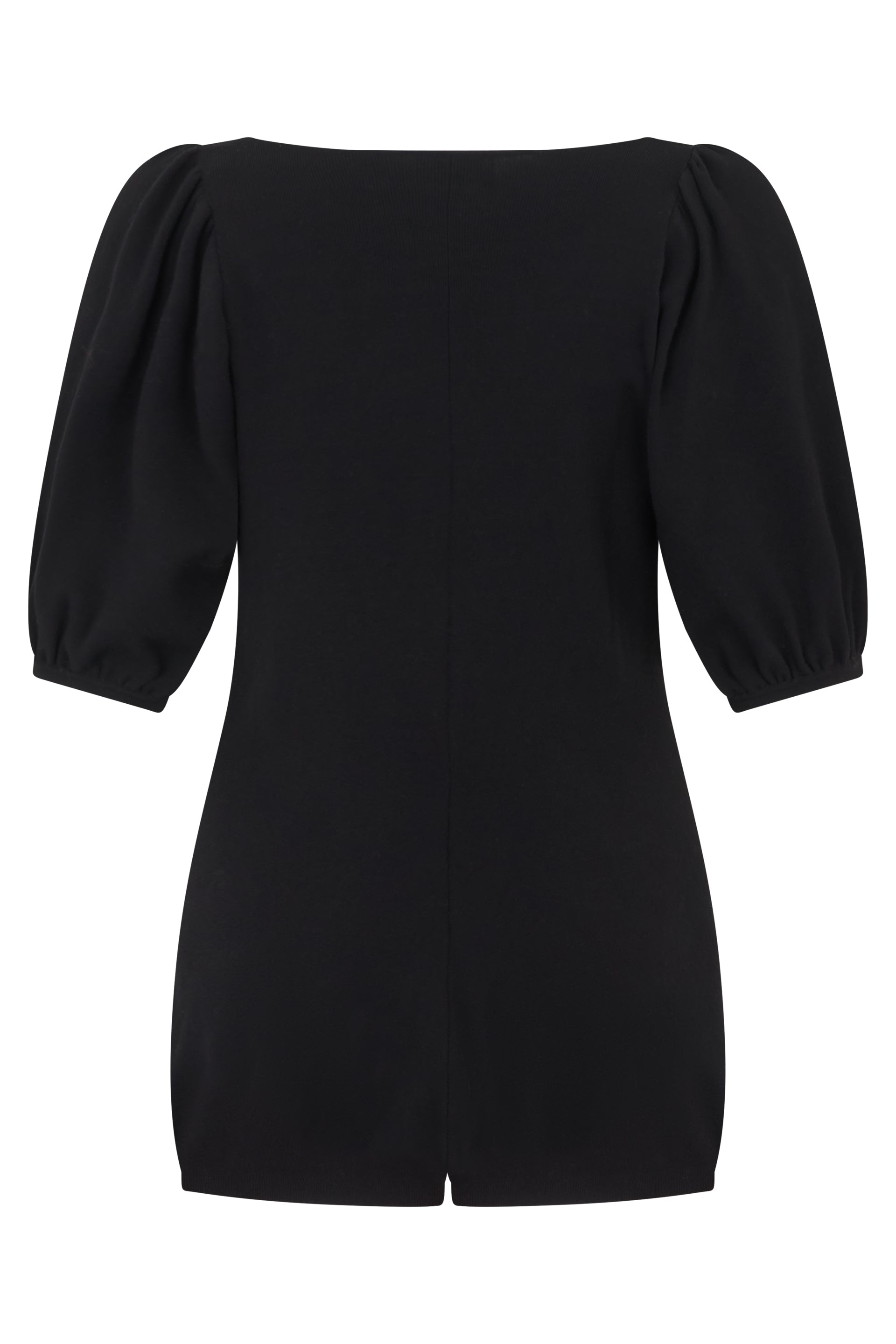 Black short jumpsuit with a V-neck and balloon sleeves.