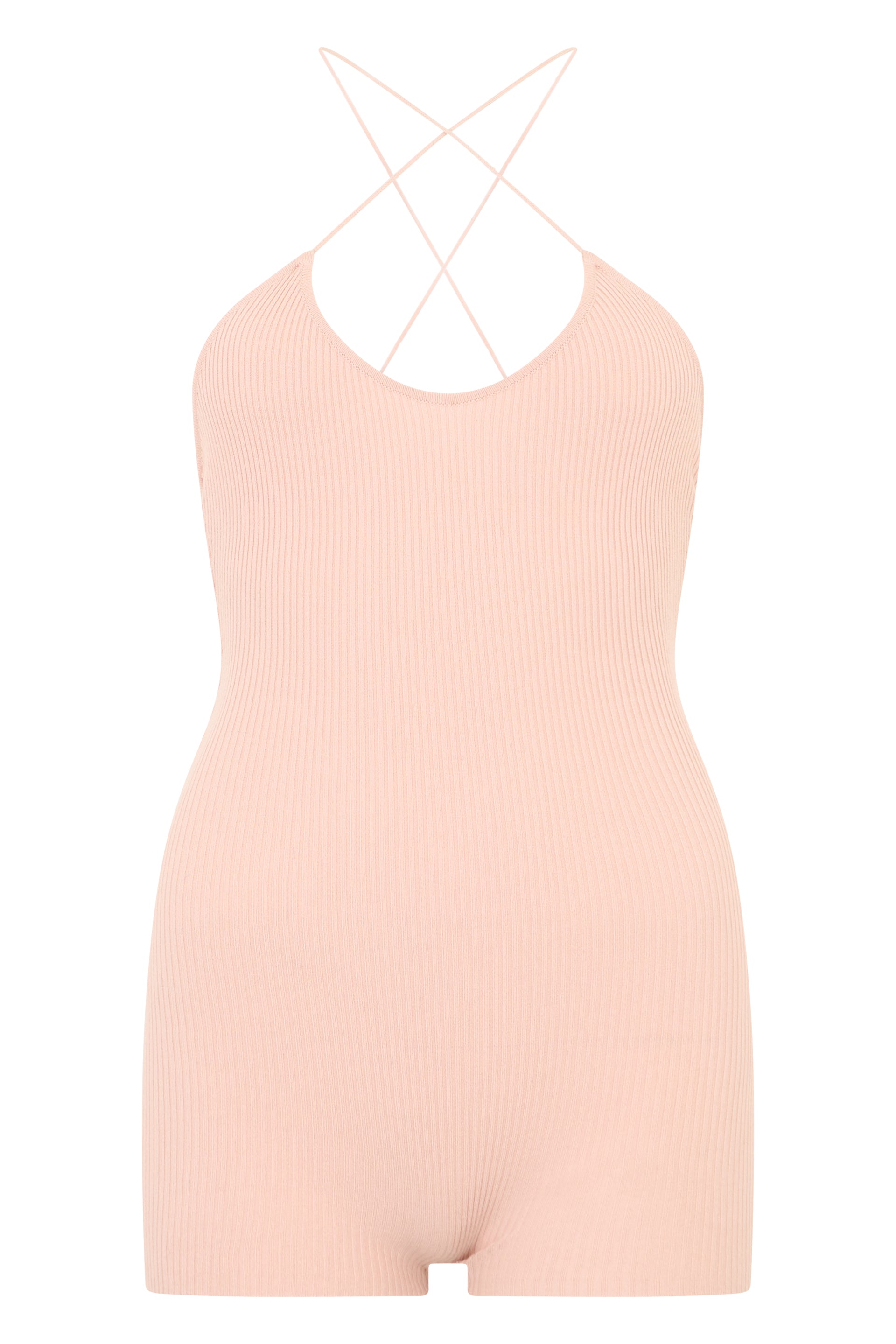 Short pale pink jumpsuit, comfortable and versatile.