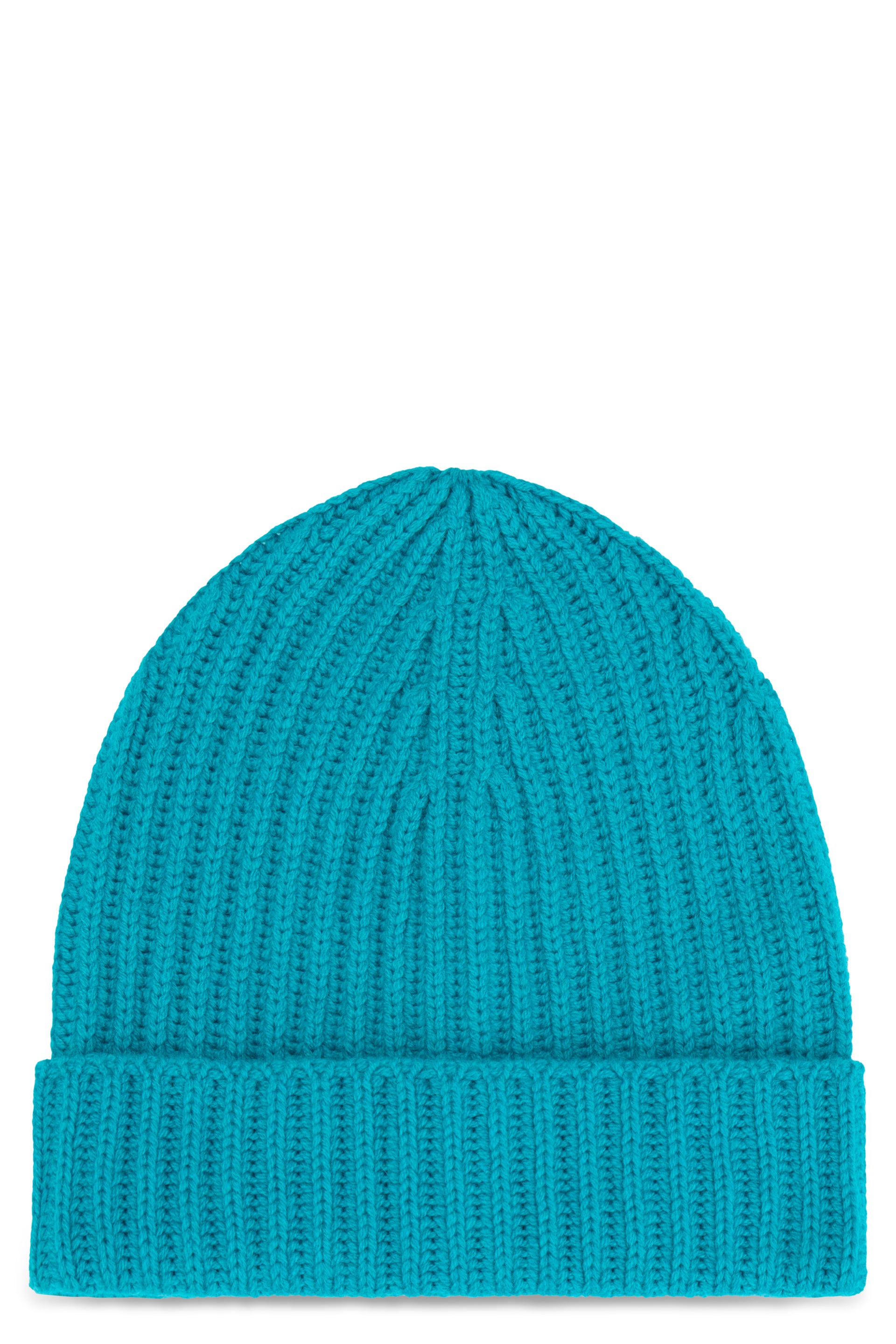 Turquoise knitted hat, warm and casual.