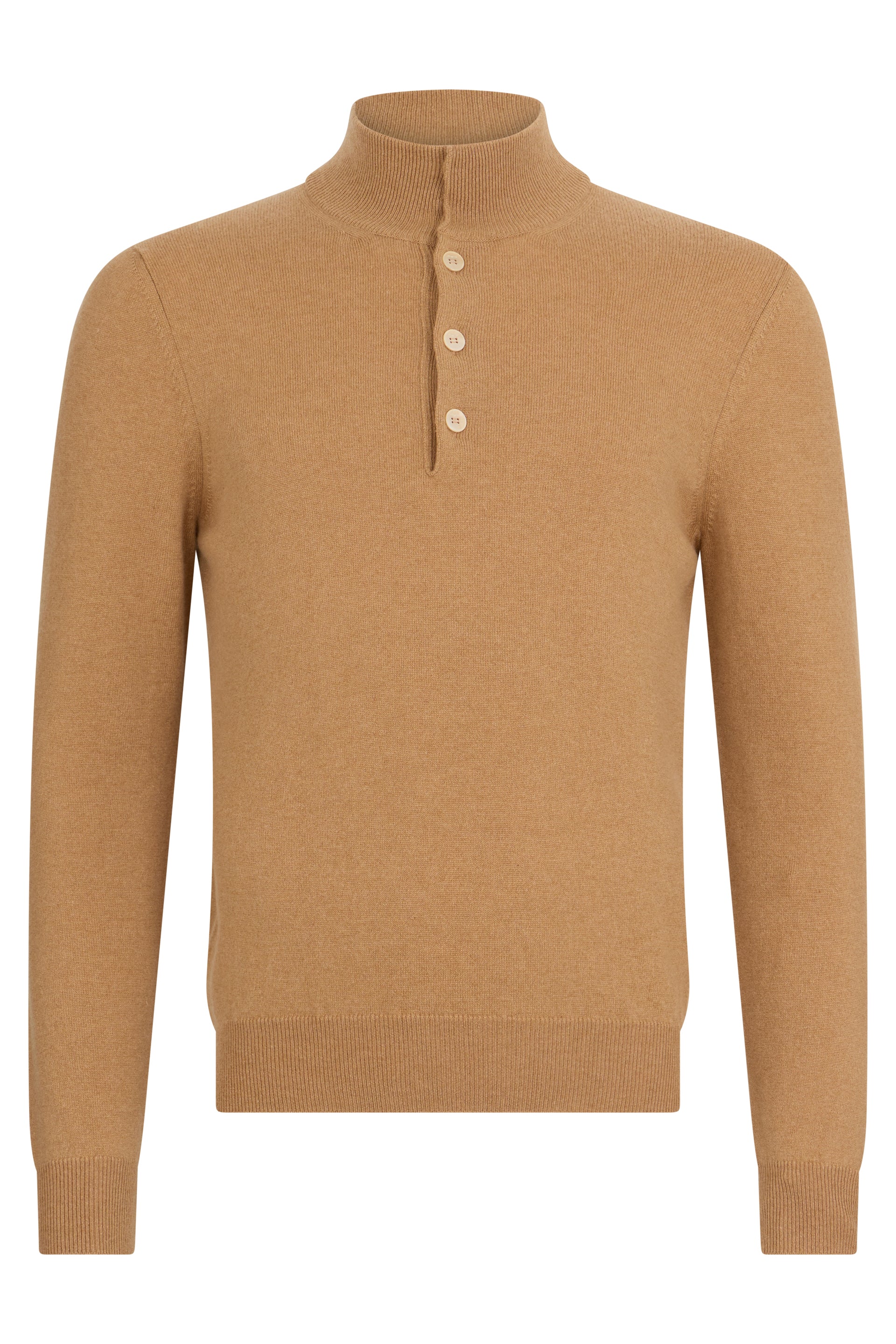 Camel color sweater with high collar and buttons.