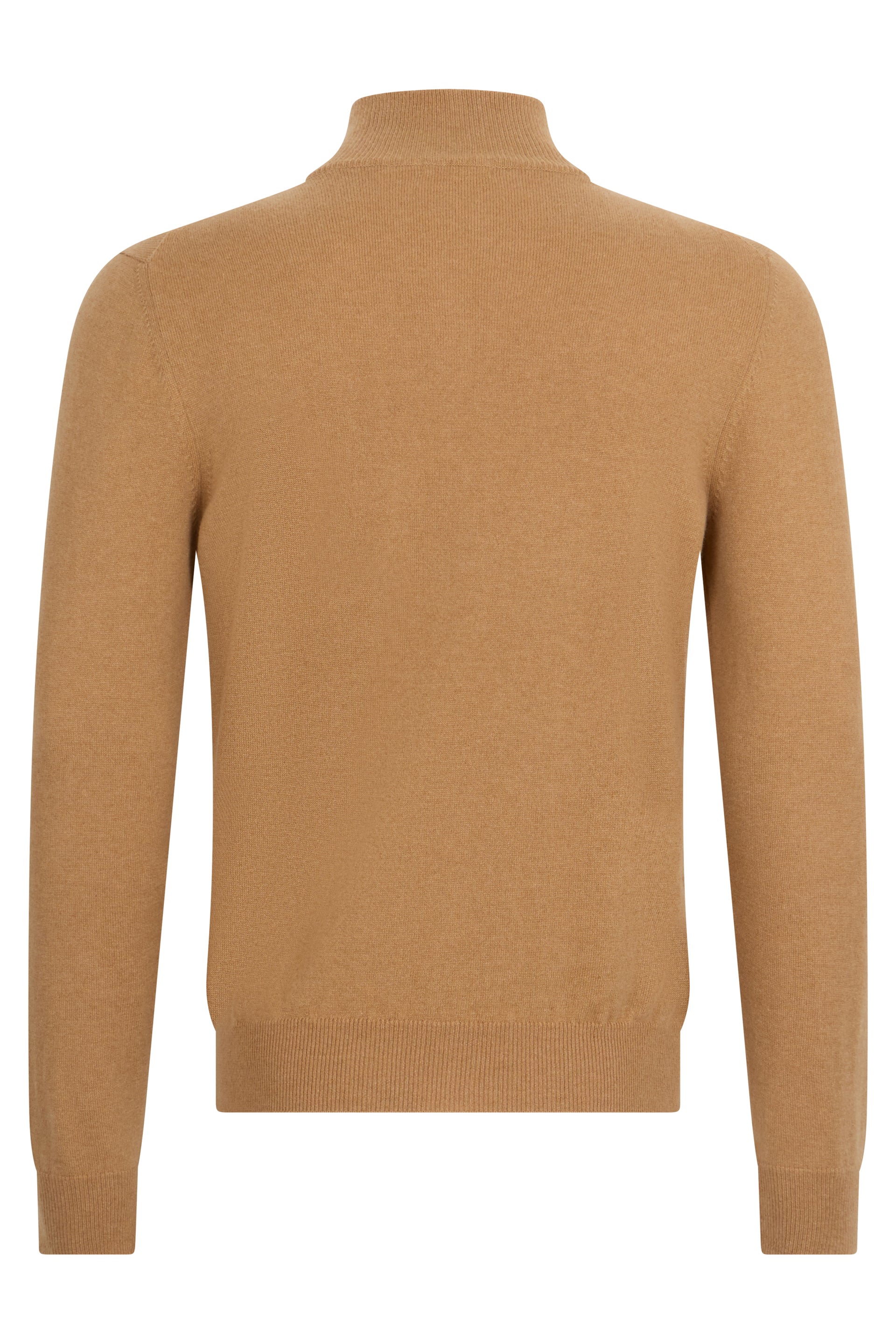 Camel color sweater with high collar and buttons.