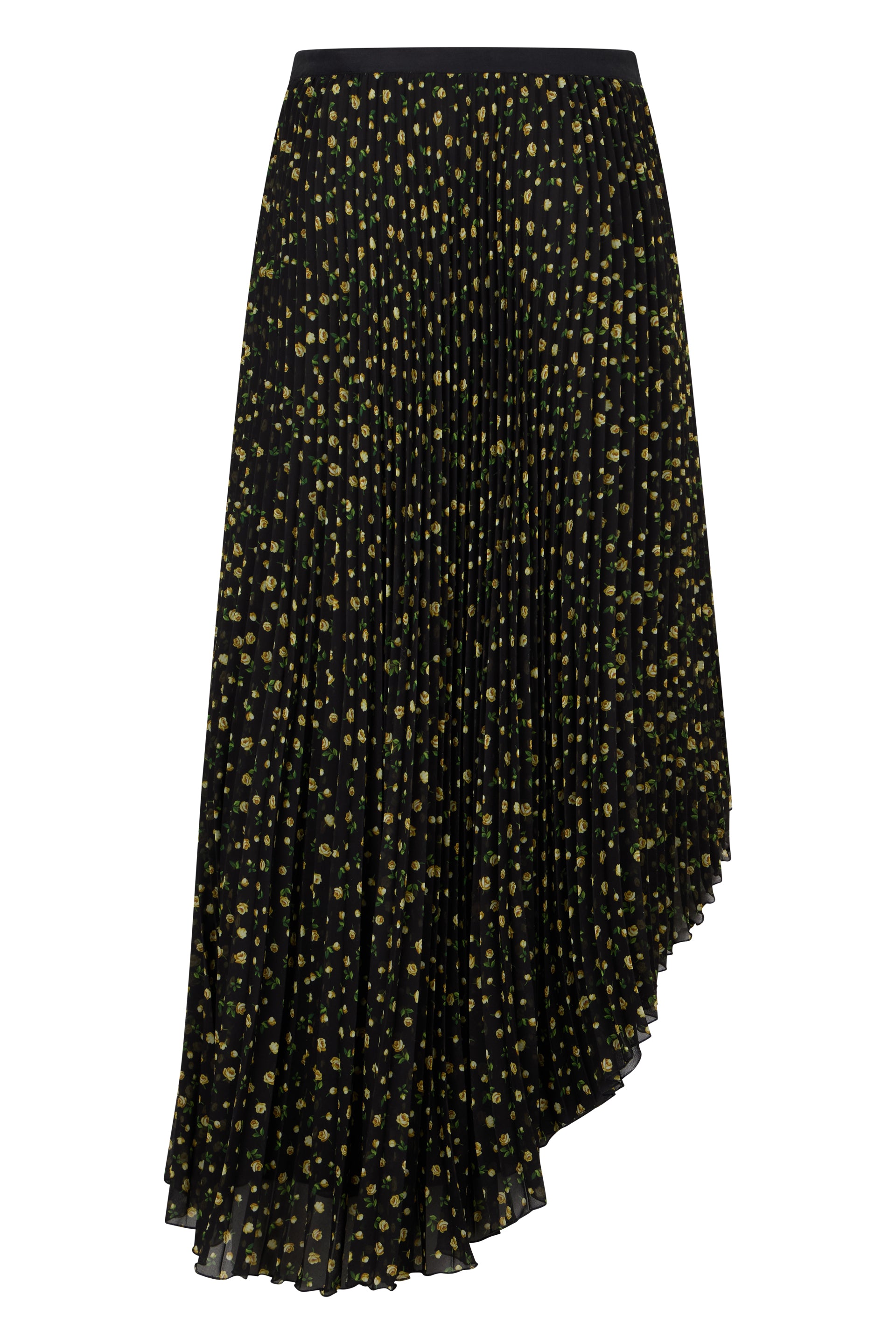 Asymmetric pleated skirt in black with floral pattern.