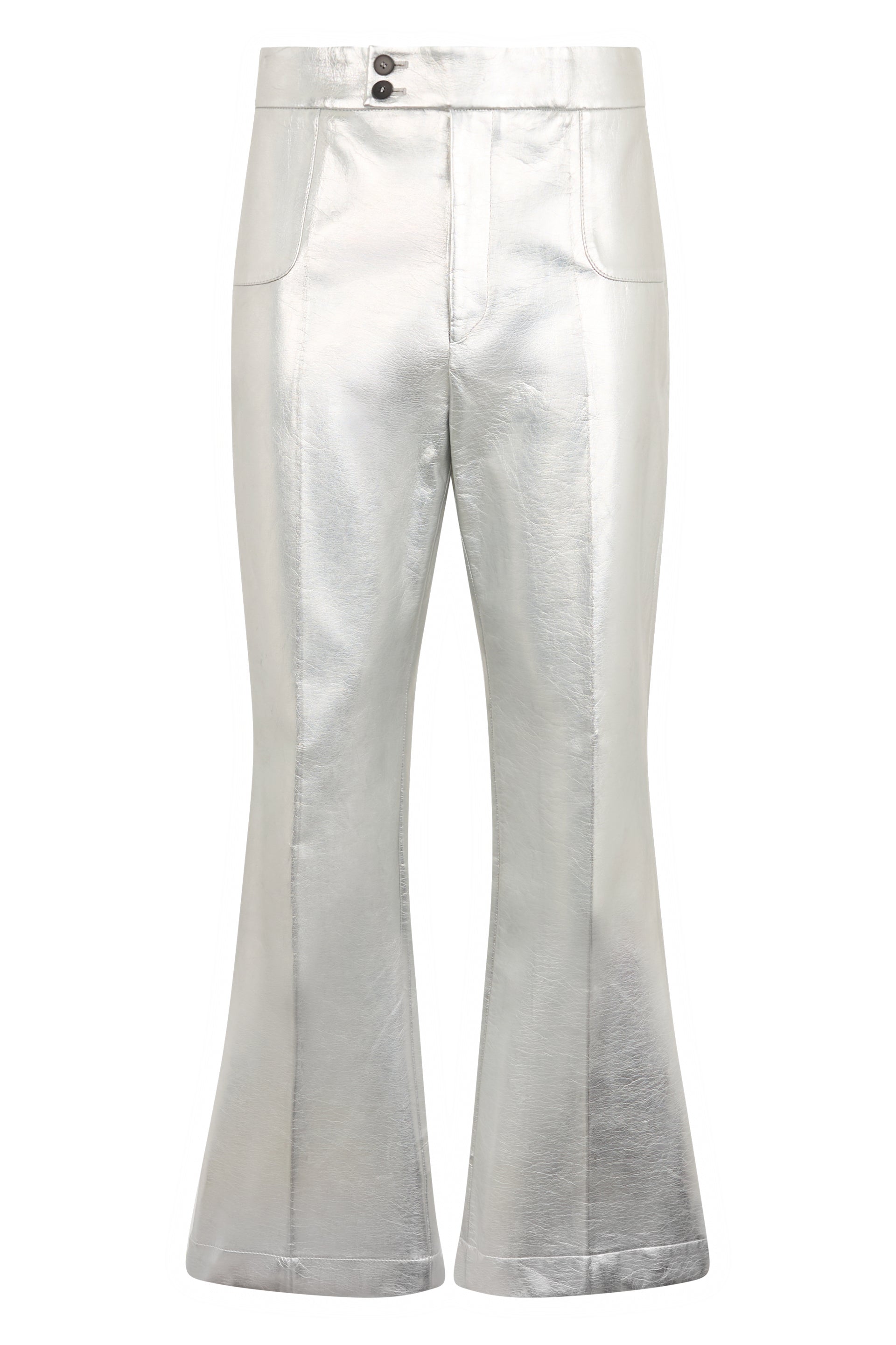Silver flare pants, elegant and versatile.