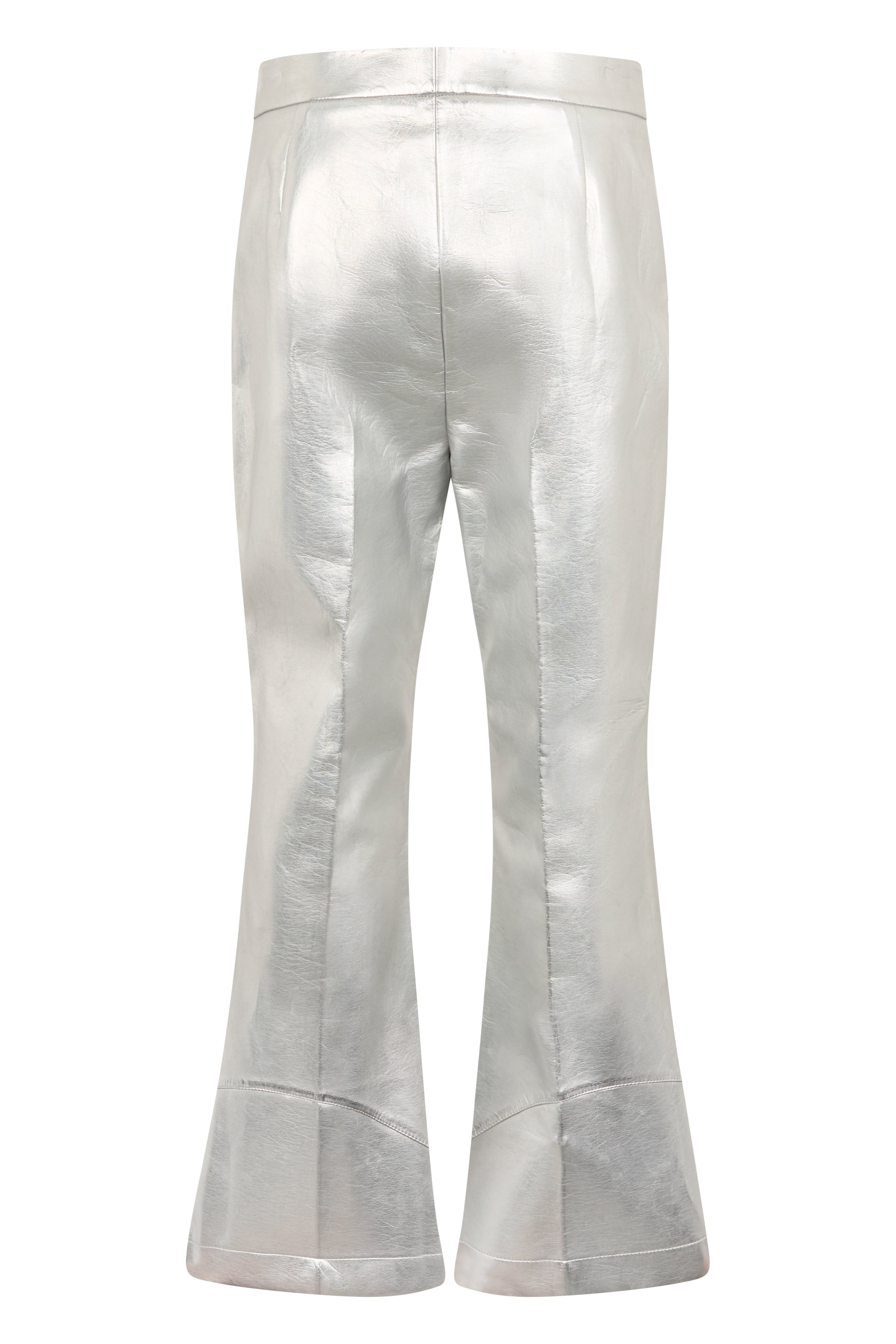 Silver flare pants, elegant and versatile.