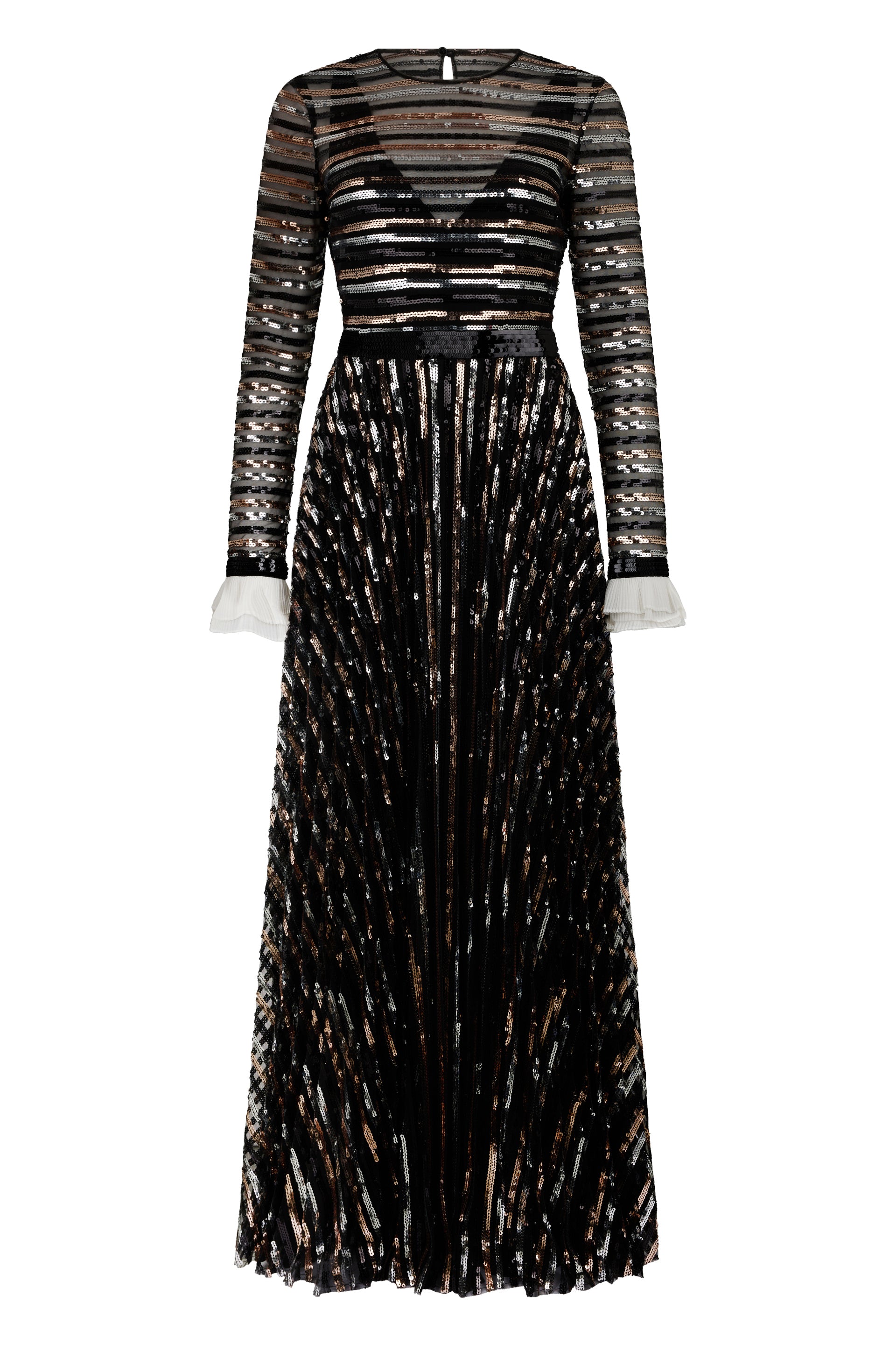 Long black dress with sequins, elegant and refined.