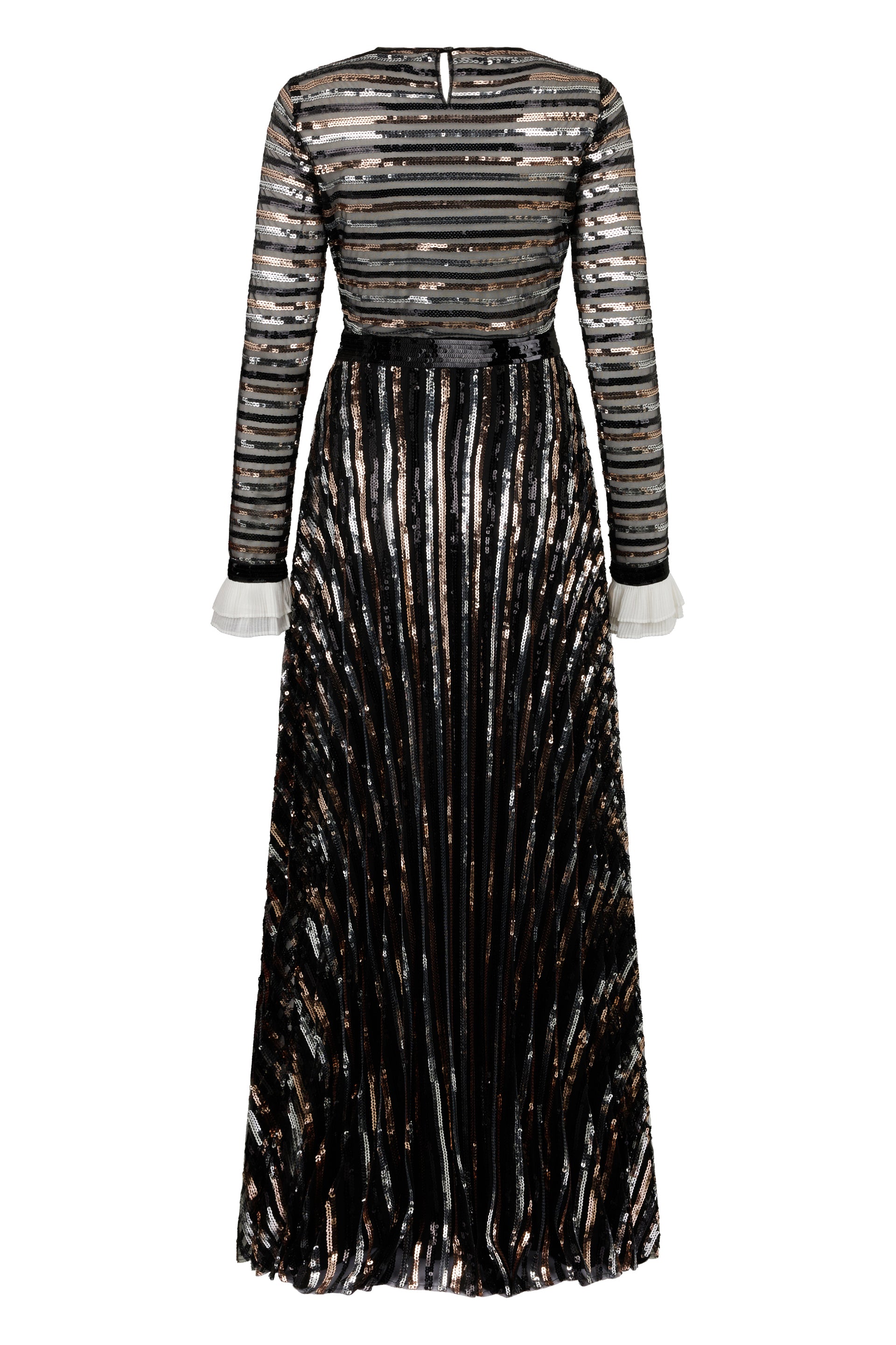 Long black dress with sequins, elegant and refined.