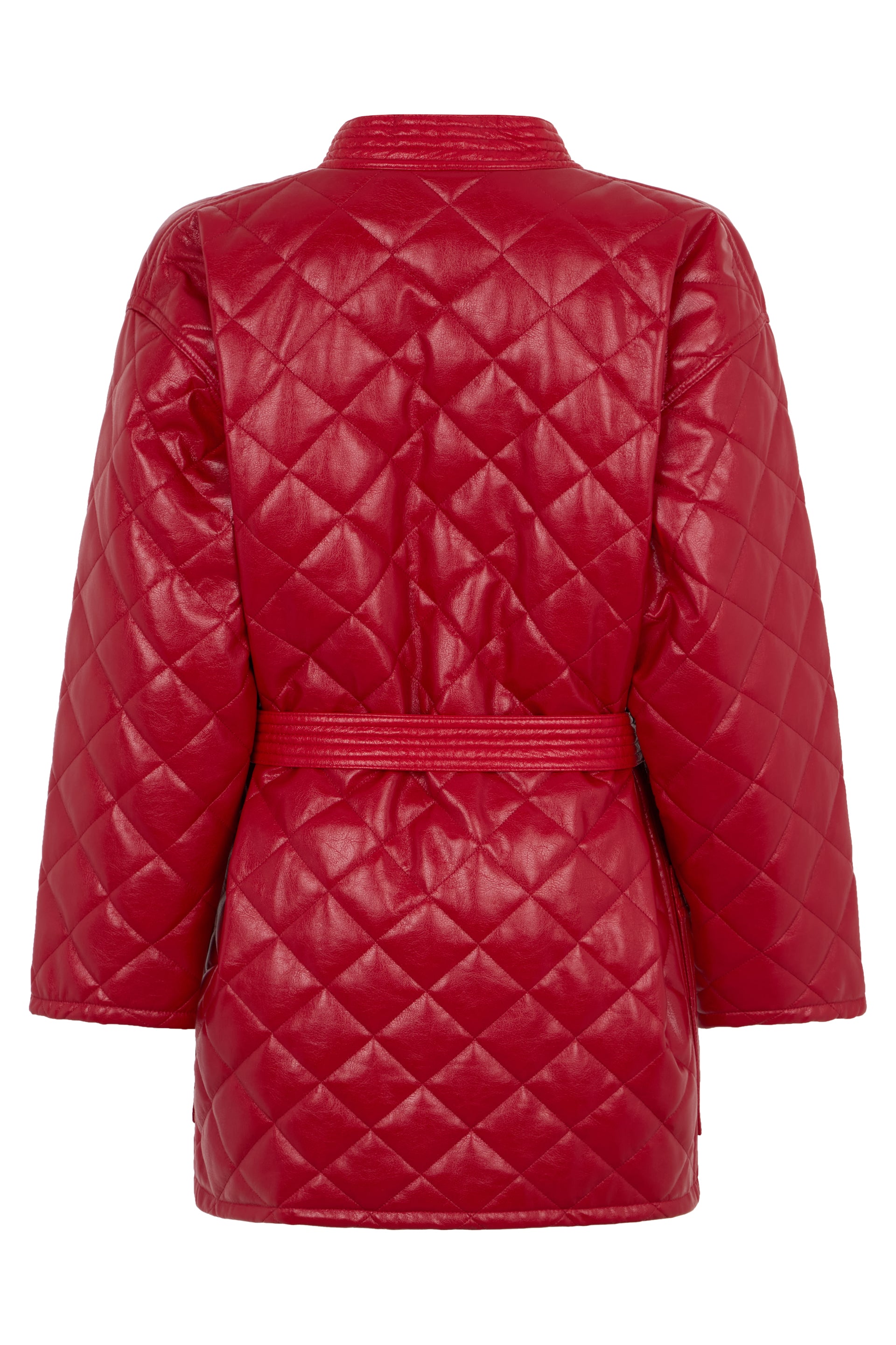 Red coat with belt at the waist of refined design.