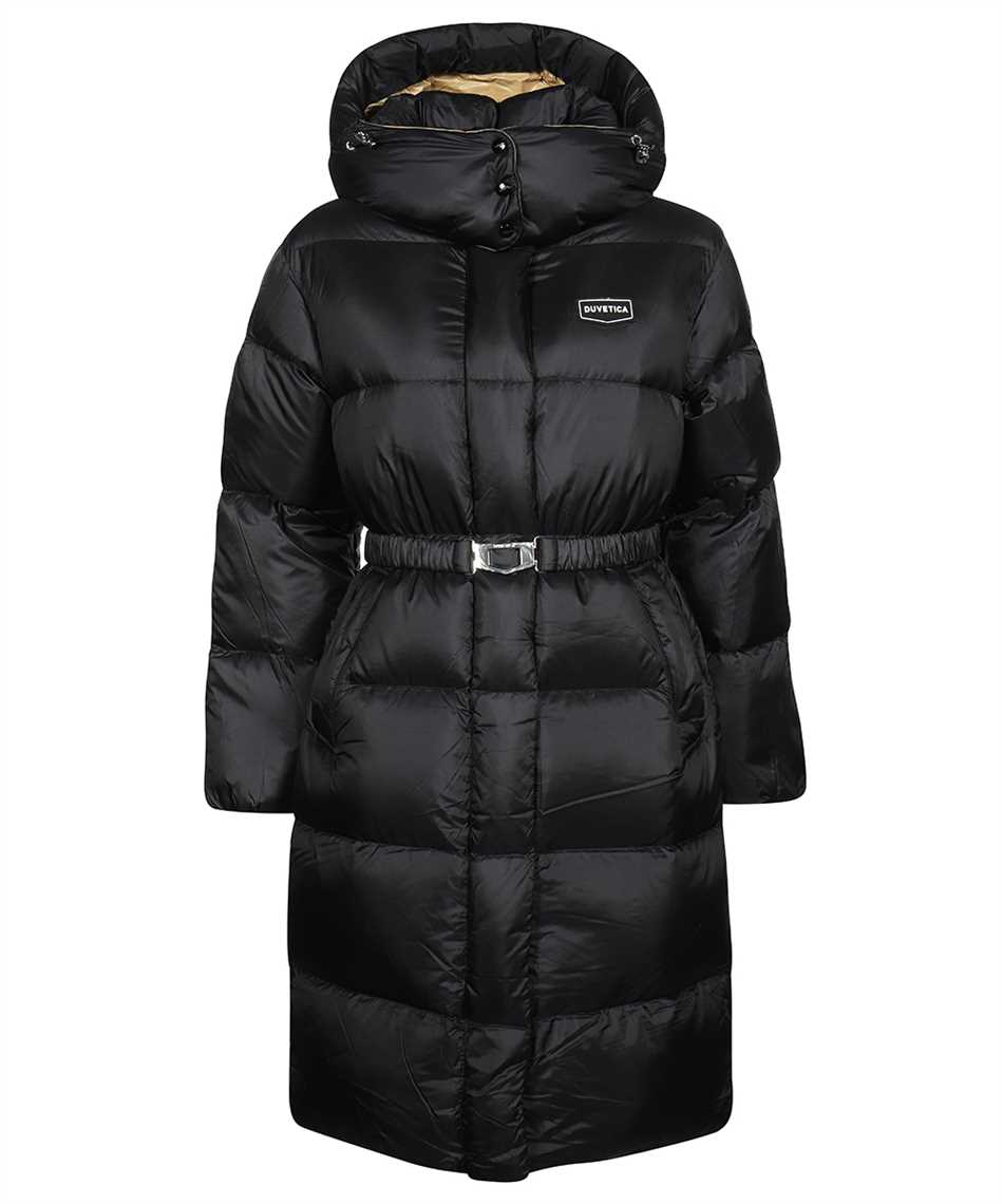 Belted hooded long down jacket