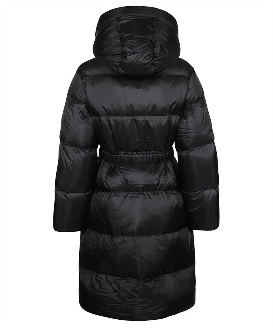 Belted hooded long down jacket