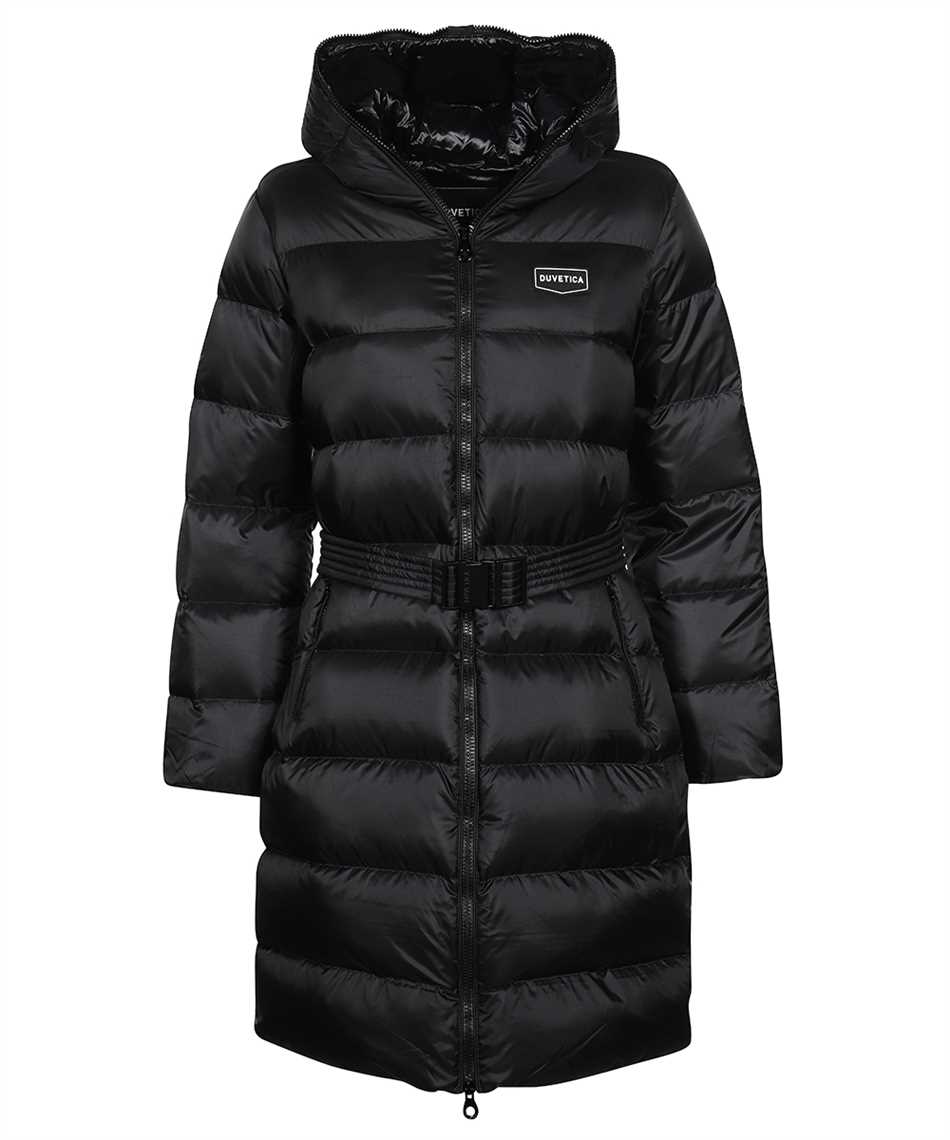 Belted hooded long down jacket