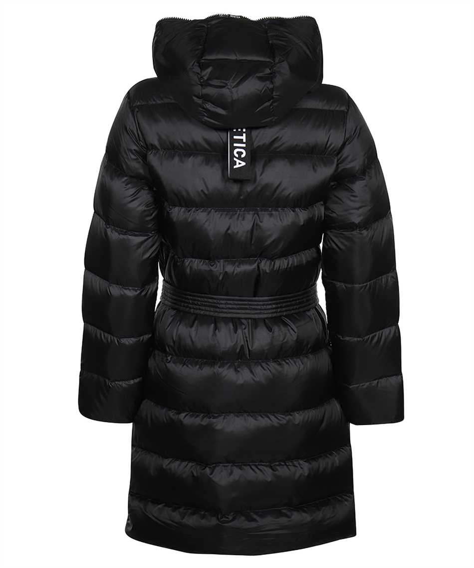 Belted hooded long down jacket